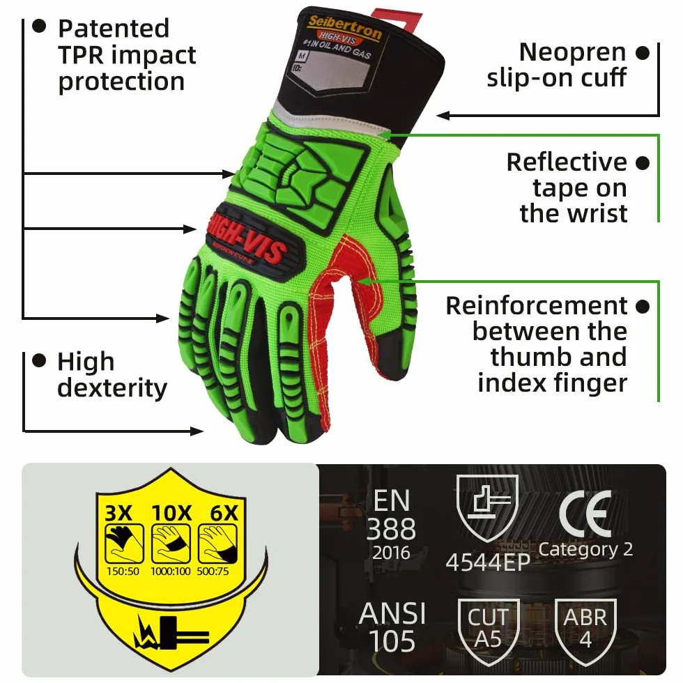 Seibertron HIGH-VIS HDC5 Level 5 Cut Resistant Deckhand Gloves High Performance Protection Impact Resistant Oil and Gas Safety Gloves CE EN388 4543 M With 1 Black Glove Clip