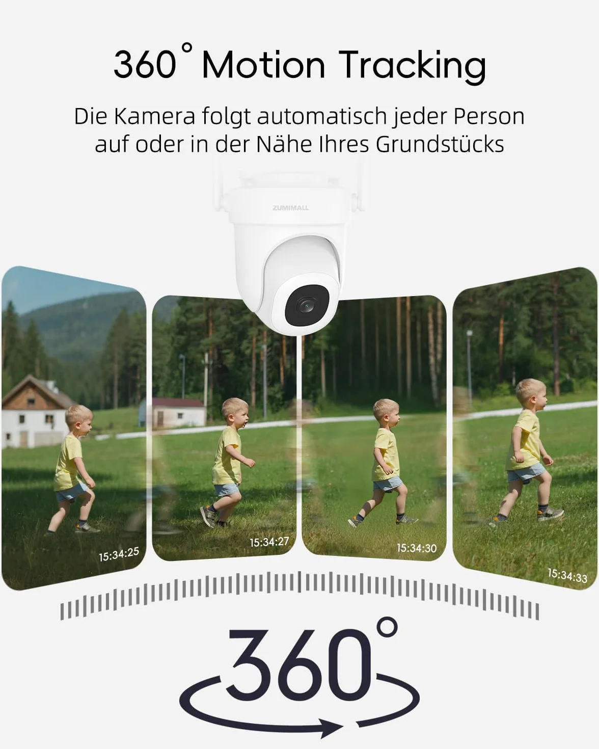 ZUMIMALL kamera do monitoringu zewnętrznego 3MP, 355°/90° obrotowa kamera nadzoru na zewnątrz, 2,4 GHz/5 GHz dual-band, noktowizor, rozpoznawanie AI, czujnik ruchu PIR, rozpoznawanie osób/aut