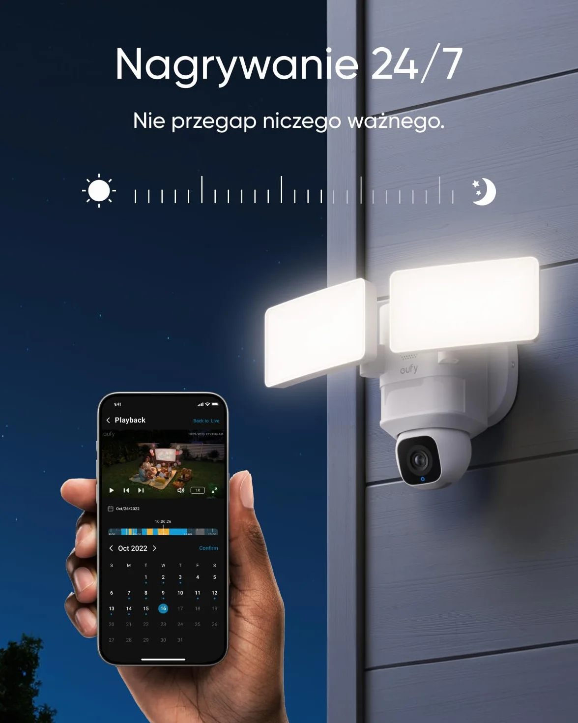 Kamera Floodlight E30 firmy eufy, zewnętrzna kamera bezpieczeństwa, ruch kamery 360°, wykrywanie i śledzenie AI, wideo 2K, Wi-Fi 2,4 GHz, 2000 lumenów, nagrywanie 24/7
