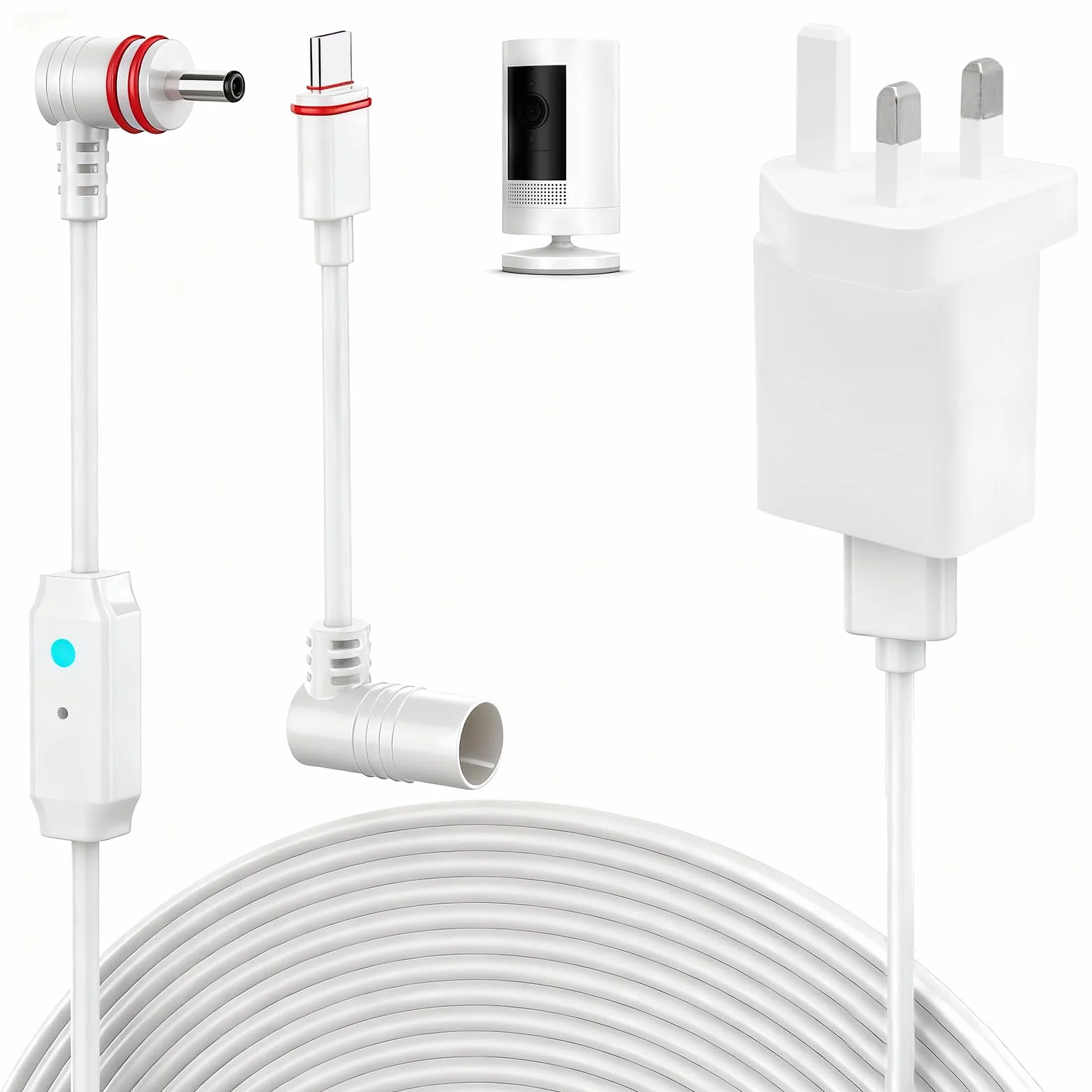 7,6 m Kabel Zasilający i Adapter, Kompatybilny z Ring Spotlight Cam Plus/Pro i Stick Up Cam. Akumulator, Kabel do Ładowania, Odporna na Warunki Atmosferyczne Wtyczka Sieciowa