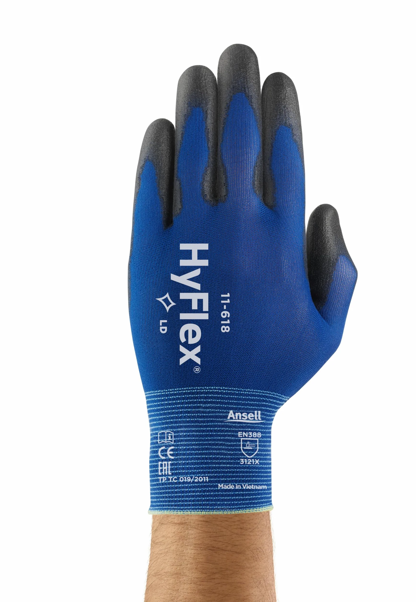 Ansell HyFlex 11-618, Cienkie rękawice robocze z nylonu, Rękawice mechaniczne, Wielofunkcyjne, Odzież robocza trwała, Niebieskie, Czarne, rozmiar L (12 pary)