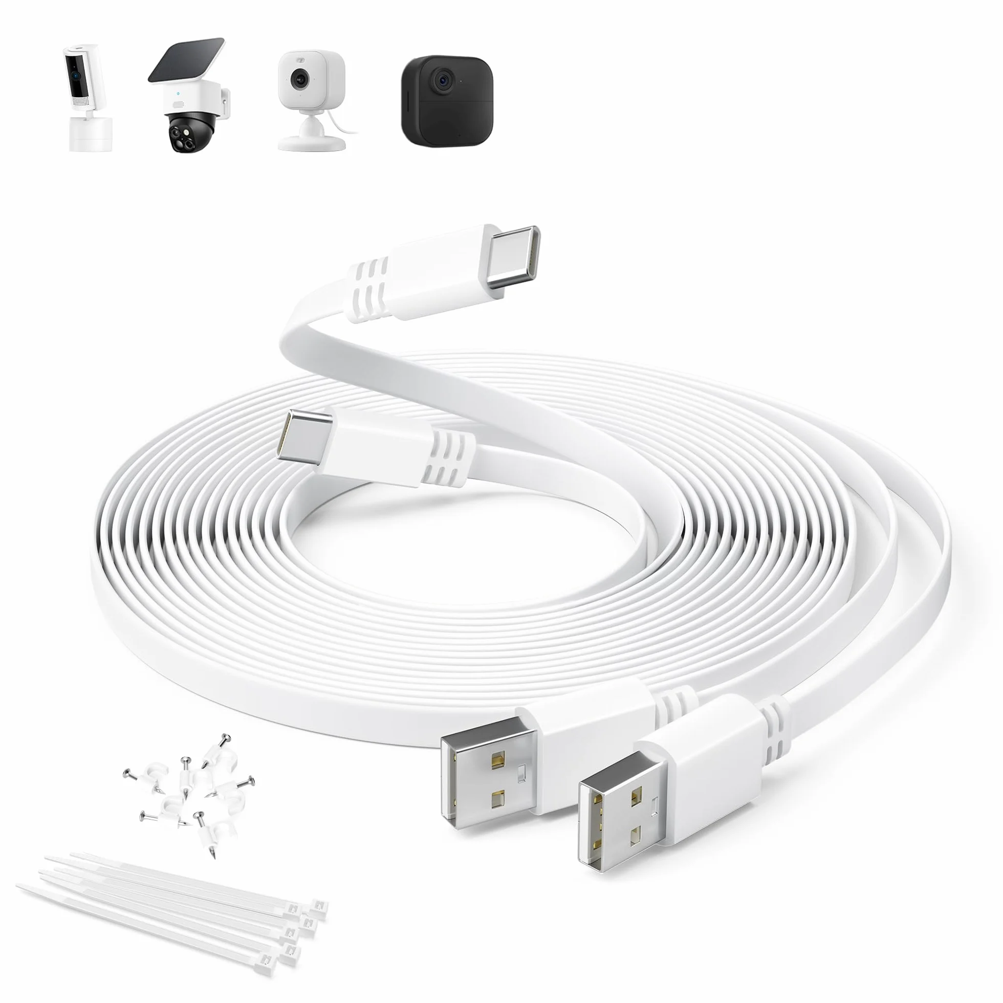 Itramax Bardzo Długi Płaski Przedłużacz USB A na USB C,Zestaw 2 Płaski Kabel Ładujący USBC do Kamery Bezpieczeństwa Blink Outdoor 4/Mini 2K+,eufy 4G LTE Cam S330,EZVIZ H6c 2K/H6/CP1 Pro/CB2,Tapo C120
