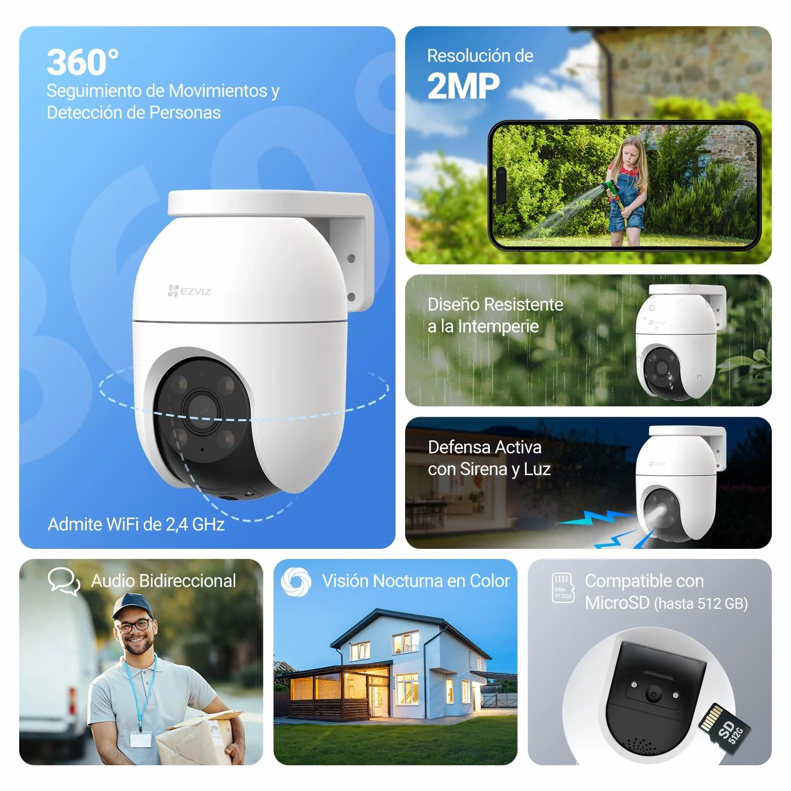EZVIZ C8c 2MP Zewnętrzna kamera nadzorująca WiFi 360° z funkcją automatycznego śledzenia zoomu, wykrywanie kształtu człowieka, kolorowy noktowizor, dwukierunkowy dźwięk, wodoodporny IP65, aktywna