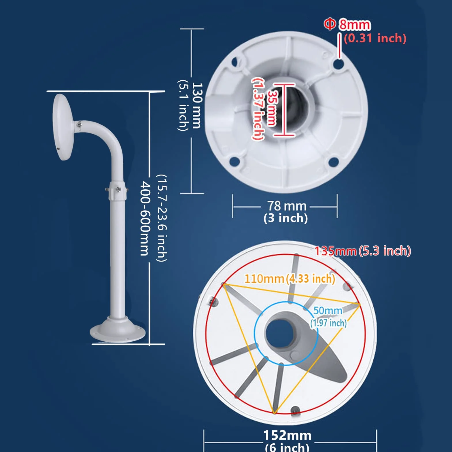 WiTi 15,24 cm podstawa wysuwany wspornik do kamer IP CCTV, 40-60 cm, regulowany uchwyt montażowy do systemu kamer monitoringu, powłoka proszkowa z litego metalu