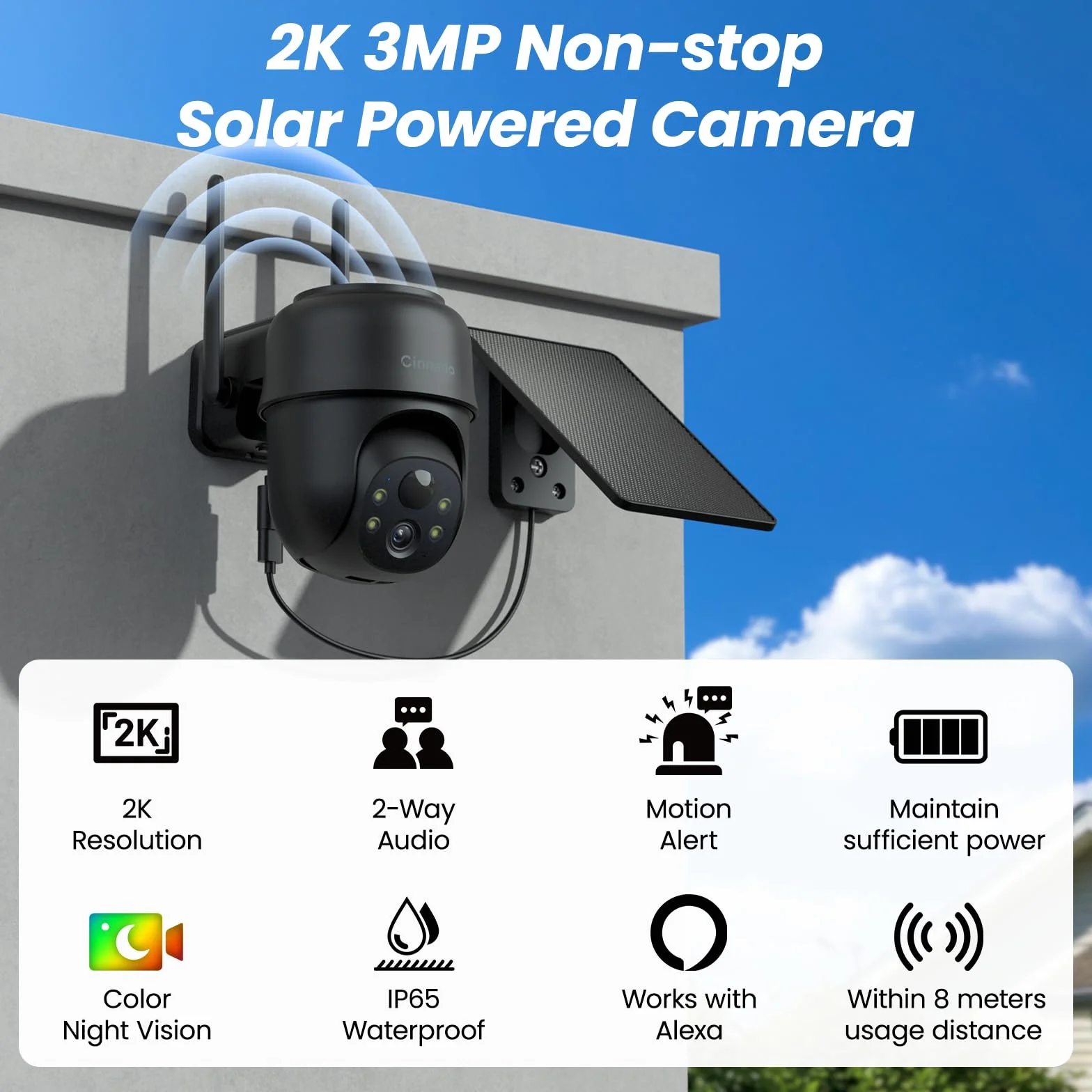 Bezprzewodowy monitoring zewnętrzny -2K bezprzewodowy panel słoneczny zewnętrzny kamera zewnętrzna, zoom 360° przechylny, alarm PIR natychmiastowy, kolorowy noktowizor, dwukierunkowy dźwięk, Alexa B6