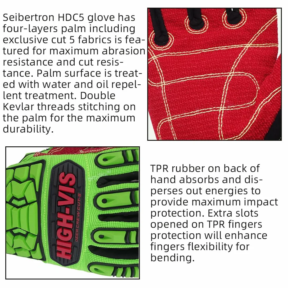 Seibertron HIGH-VIS HDC5 Level 5 Cut Resistant Deckhand Gloves High Performance Protection Impact Resistant Oil and Gas Safety Gloves CE EN388 4543 M With 1 Black Glove Clip