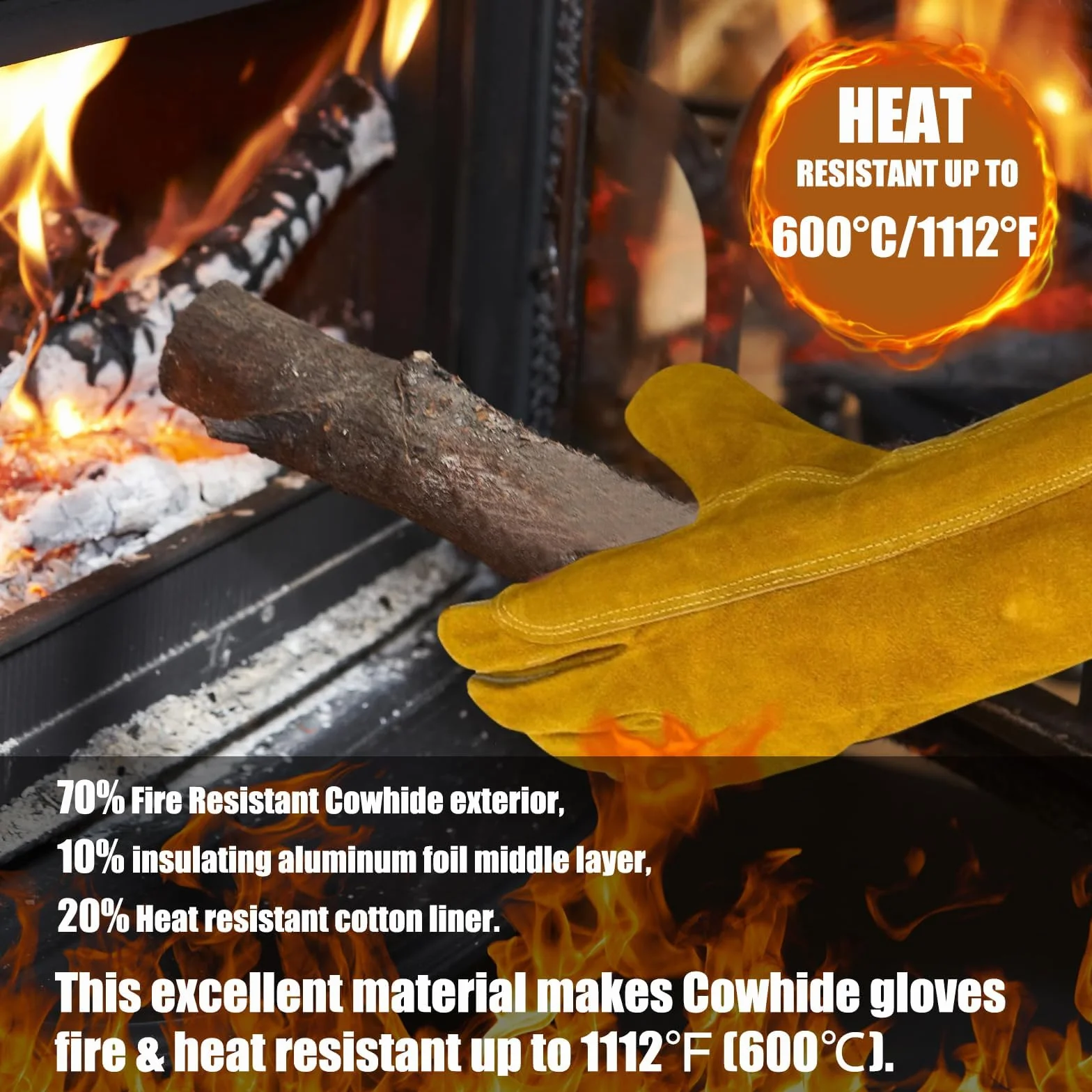 Rękawice spawalnicze ze skóry bydlęcej, ogniotrwałe do 600°C, rękawice do grilla, z ochroną przedramion, rękawice robocze do spawania, grillowania i prac ogrodowych, rozmiar L, żółte (36 cm)