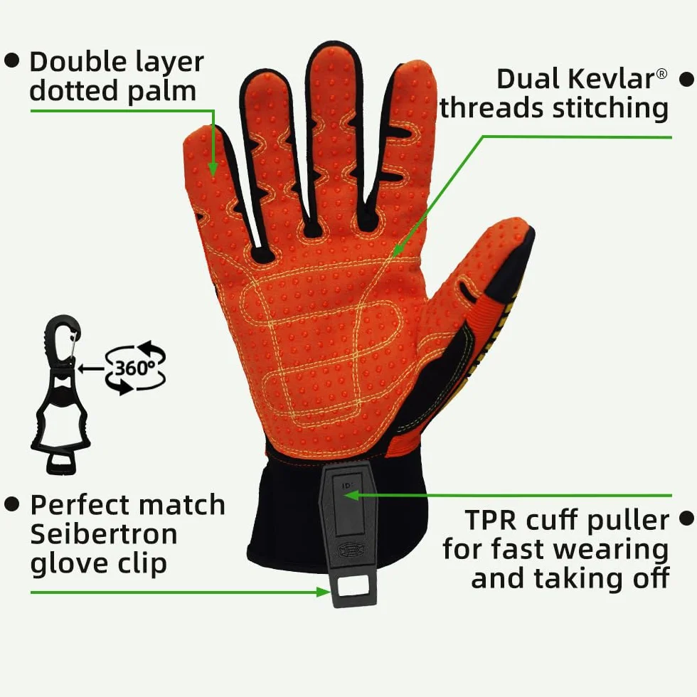 Seibertron High-Vis SDX2 Resistant Reducing Anti-Impact Mechanics Heavy Duty Safety Rescue Gloves CE EN388 4232 XS z 1 czarnym klipsem na rękawiczki