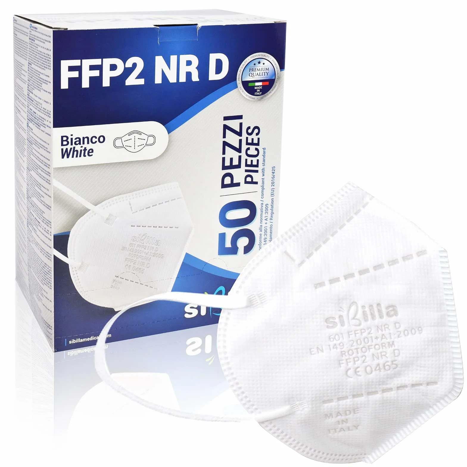 SIBILLA 50 sztuk maske FFP2 NR D, białe, Made in Italy, certyfikat CE 0465, 5-warstwowe maski ochronne FFP2, w zapieczętowanych opakowaniach pojedynczych