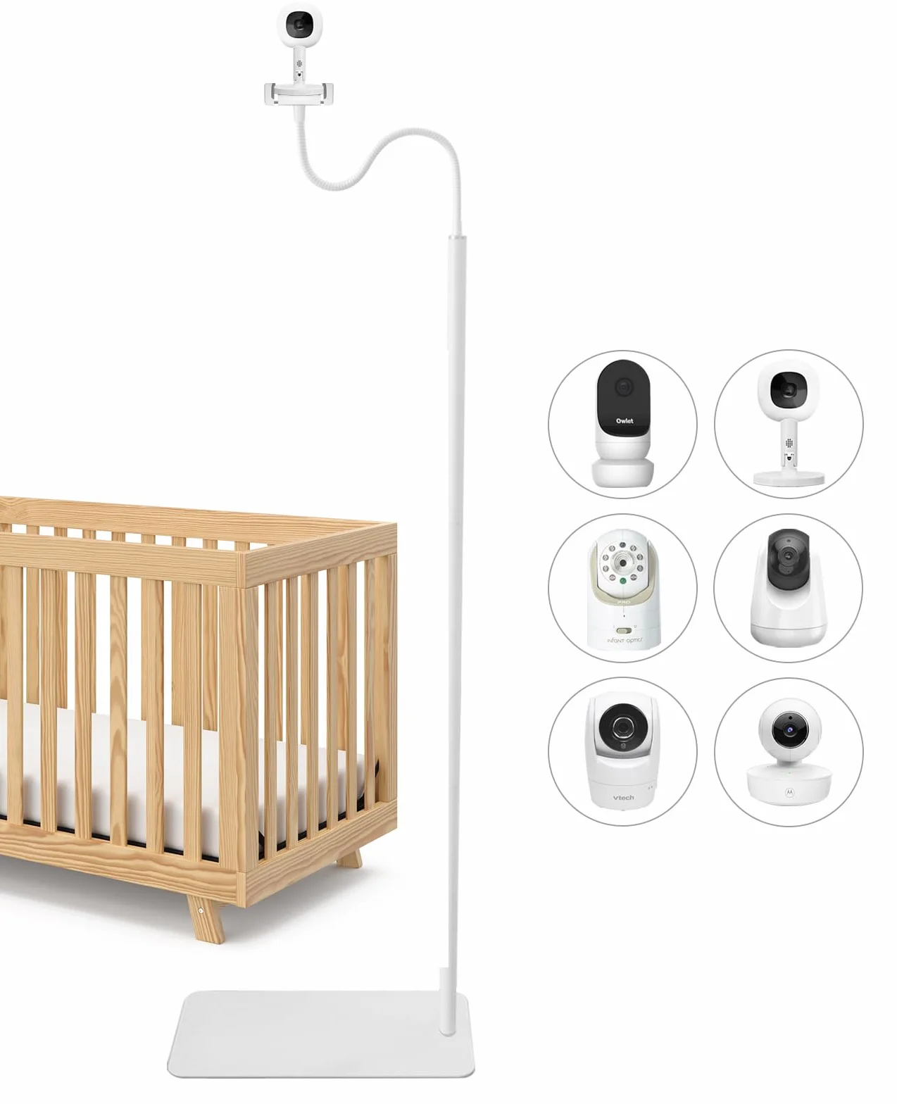 Uchwyt na kamerę do monitorowania dzieci 170 cm, regulowany w wysokości, kompatybilny z Nanit, Owlet, Infant Optics DXR-8 Pro, VTech, Vava, Eufy & Allen, z gwintowanym mocowaniem 1/4"