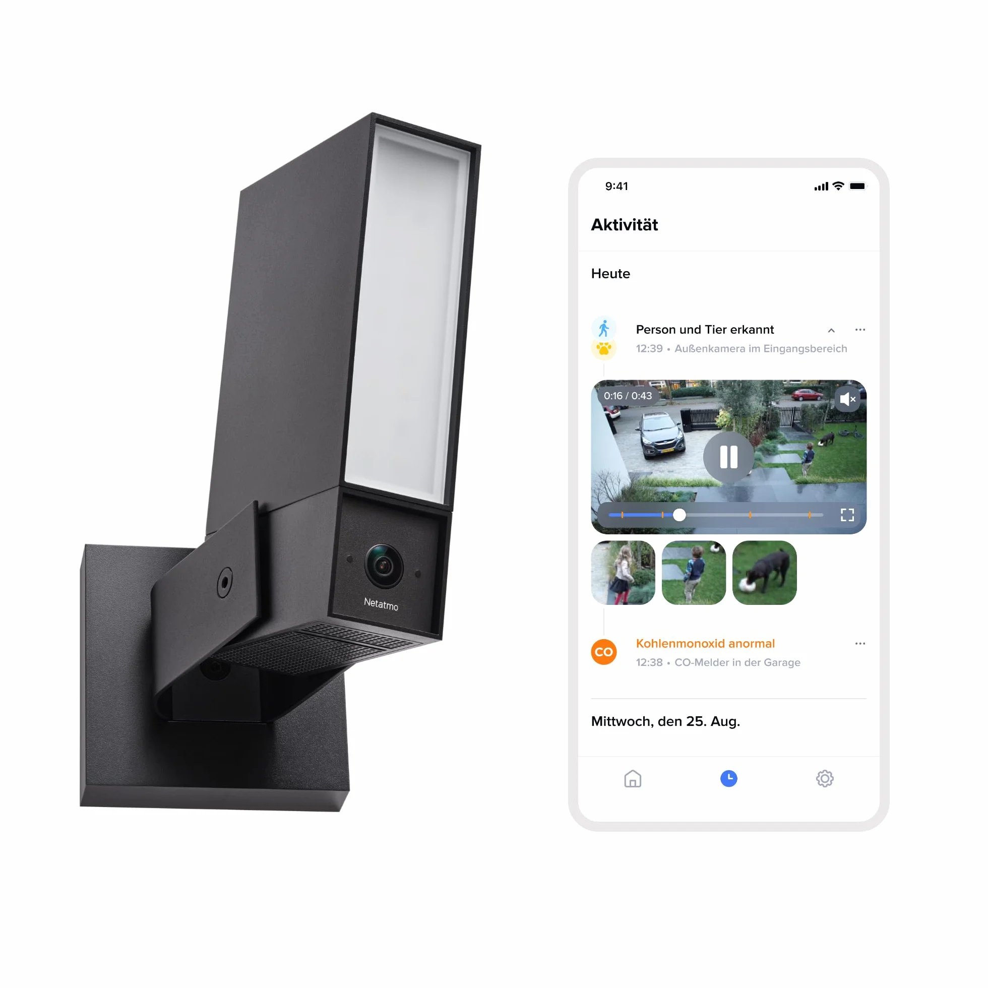 Kamera zewnętrzna NETATMO Wi‑Fi 5 GHz, 2K HDR, AI wykrywa osoby/pojazdy/zwierzęta, reflektor LED 12 W, alarm 105 dB, zapis lokalny, bez abonamentu, biała, NOC‑2‑AMZ