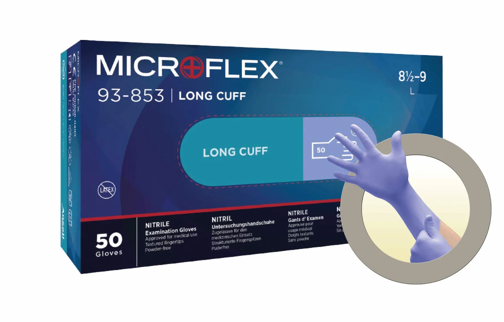 Ansell MicroFlex 93-853 Dostępne rękawiczki nitrylowe, rękawice jednokierunkowe o wysokiej jakości, przemysłowe ochronę chemiczną i mechaniczną, drobna i trwała konstrukcja, niebieski,L (50 szt.)