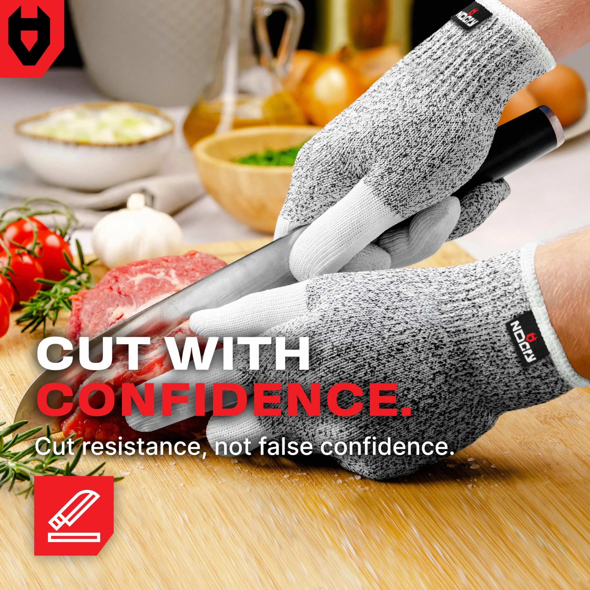 NoCry Cut Resistant Work Gloves for Women and Men, with Reinforced Fingers; Comfortable, 100% Food Grade Kitchen Cooking Hand Protection; Ambidextrous Safety Gear for Cutting; Level 5 Protection