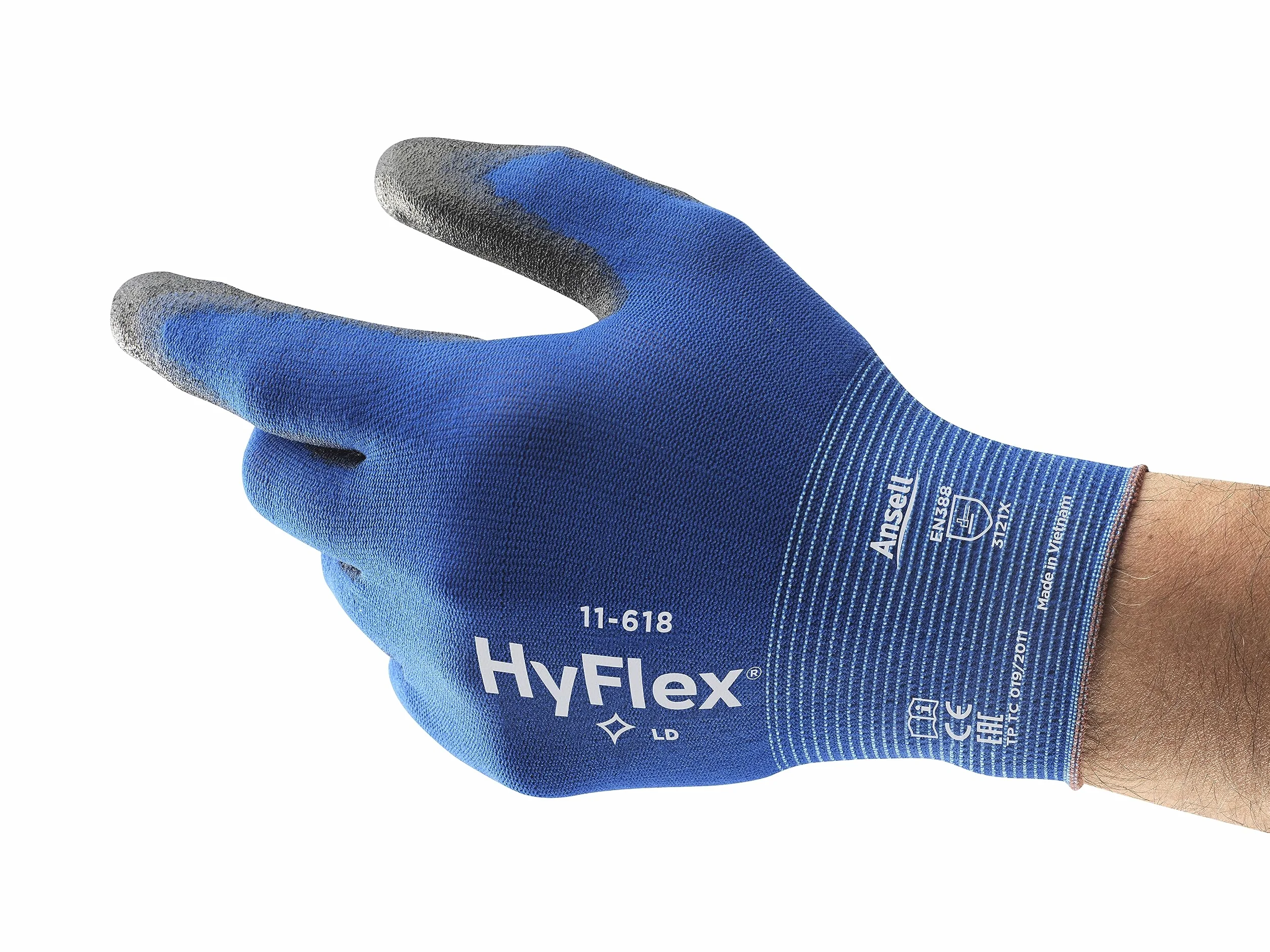 Ansell HyFlex 11-618, Cienkie rękawice robocze z nylonu, Rękawice mechaniczne, Wielofunkcyjne, Odzież robocza trwała, Niebieskie, Czarne, rozmiar L (12 pary)