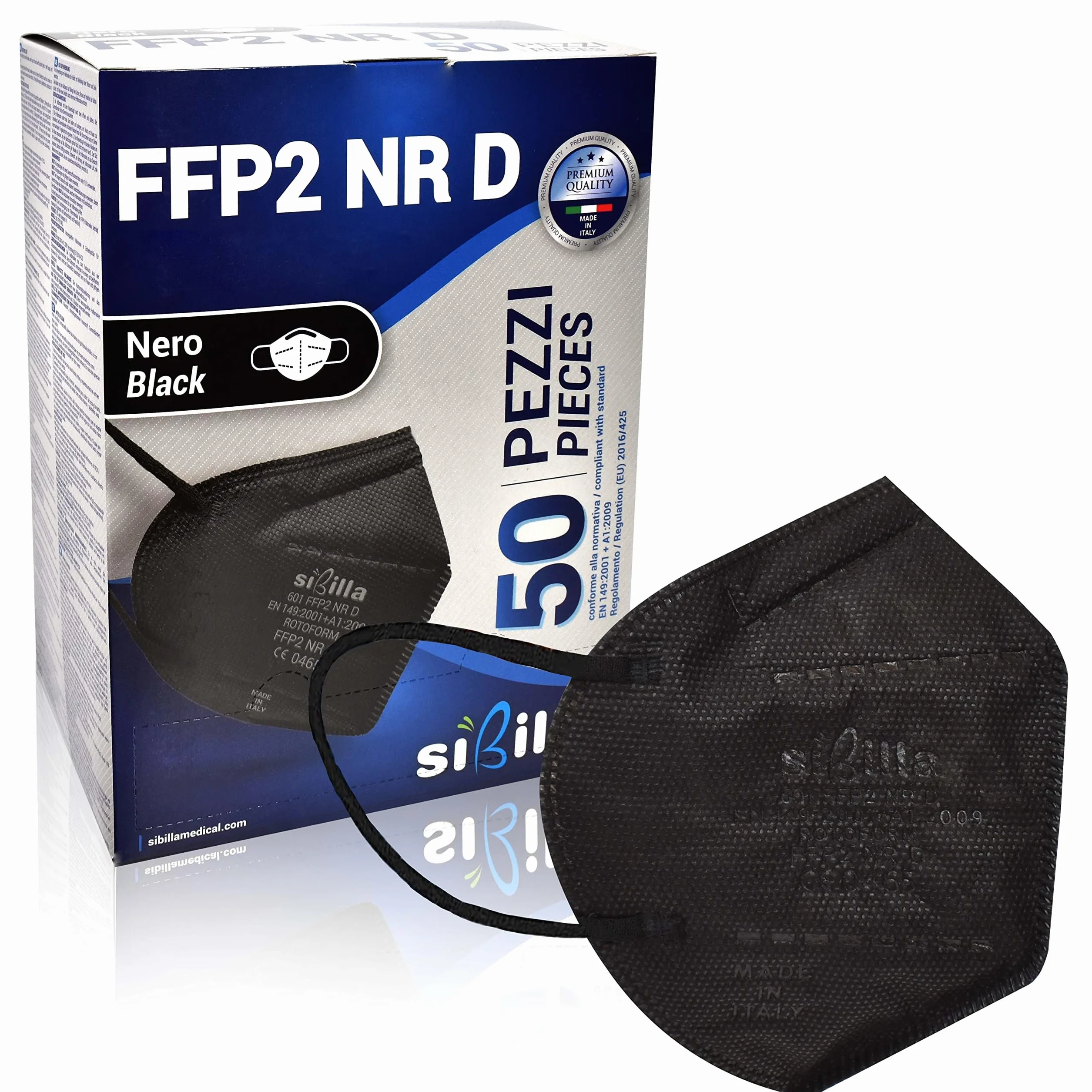 SIBILLA 50 sztuk maske FFP2 czarne NR D Made in Italy i CE 0465 certyfikowane przez władze włoskie, 5-warstwowe FFP2, czarne, w zapieczętowanych opakowaniach pojedynczych