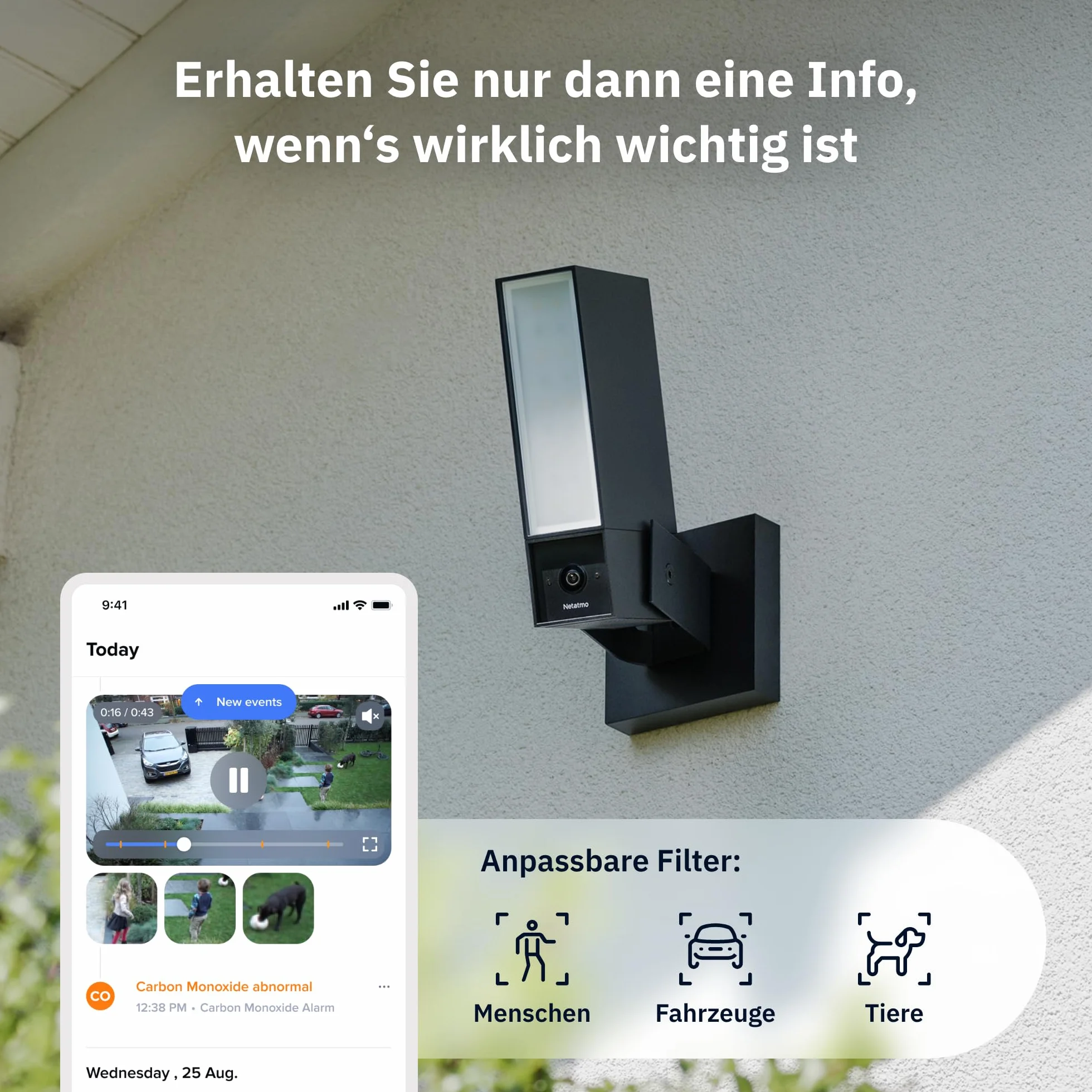 Kamera zewnętrzna NETATMO Wi‑Fi 5 GHz, 2K HDR, AI wykrywa osoby/pojazdy/zwierzęta, reflektor LED 12 W, alarm 105 dB, zapis lokalny, bez abonamentu, biała, NOC‑2‑AMZ