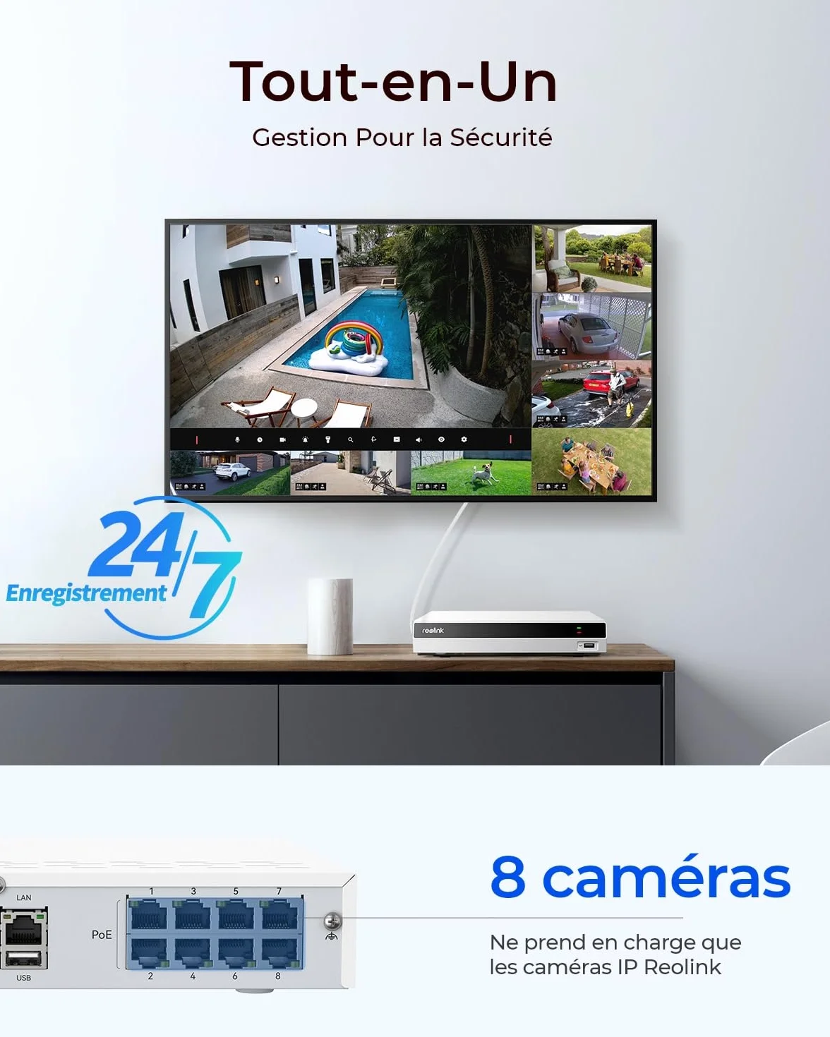 Reolink 4K PoE NVR 8-kanałowy Zestaw kamer do monitoringu CCTV Sieciowy rejestrator wideo z dyskiem twardym 2 TB Obsługa kamer IP 8MP 5MP 4MP 1080P HD 24/7 Monitoring, RLN8-410 (Biały)