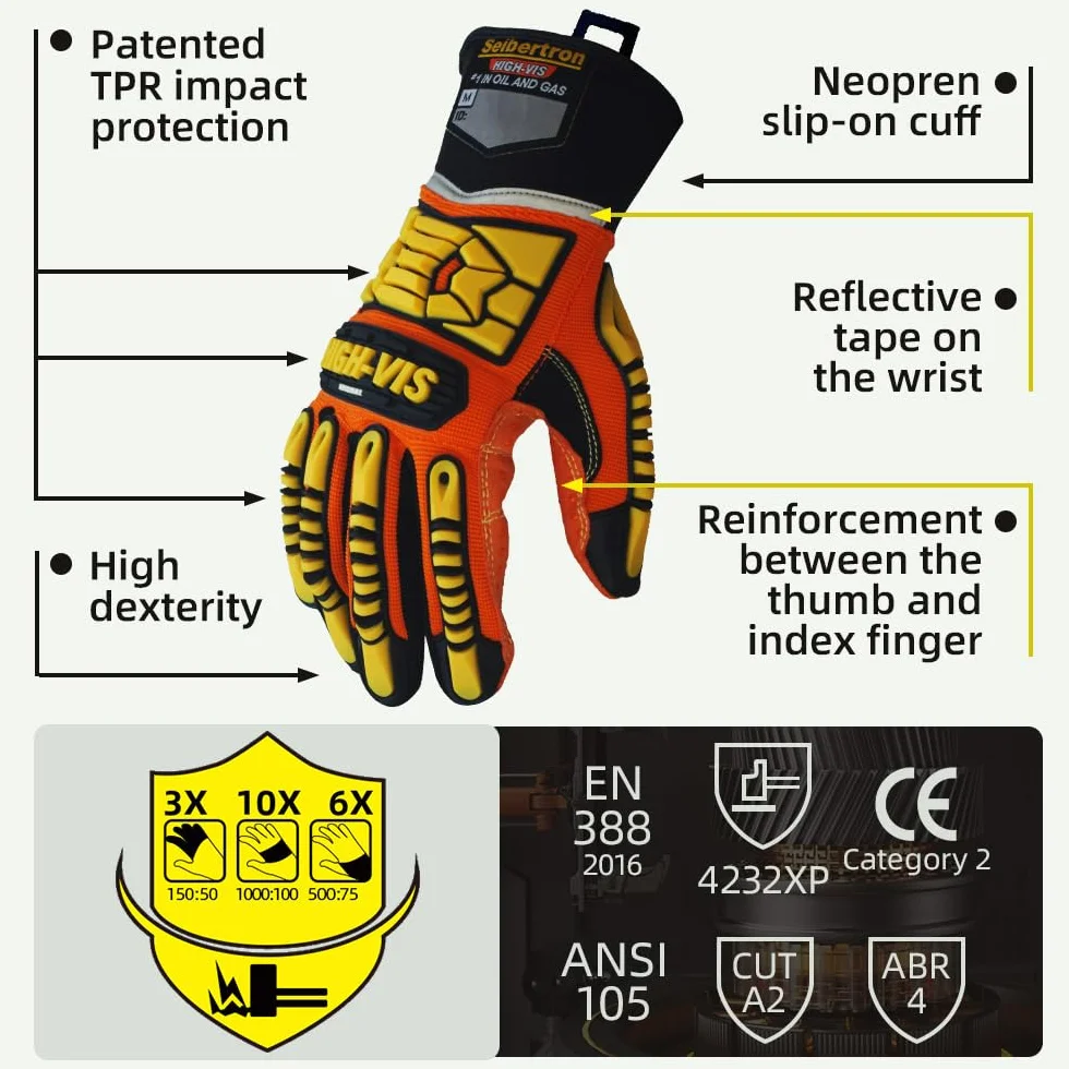 Seibertron High-Vis SDX2 Resistant Reducing Anti-Impact Mechanics Heavy Duty Safety Rescue Gloves CE EN388 4232 XS z 1 czarnym klipsem na rękawiczki