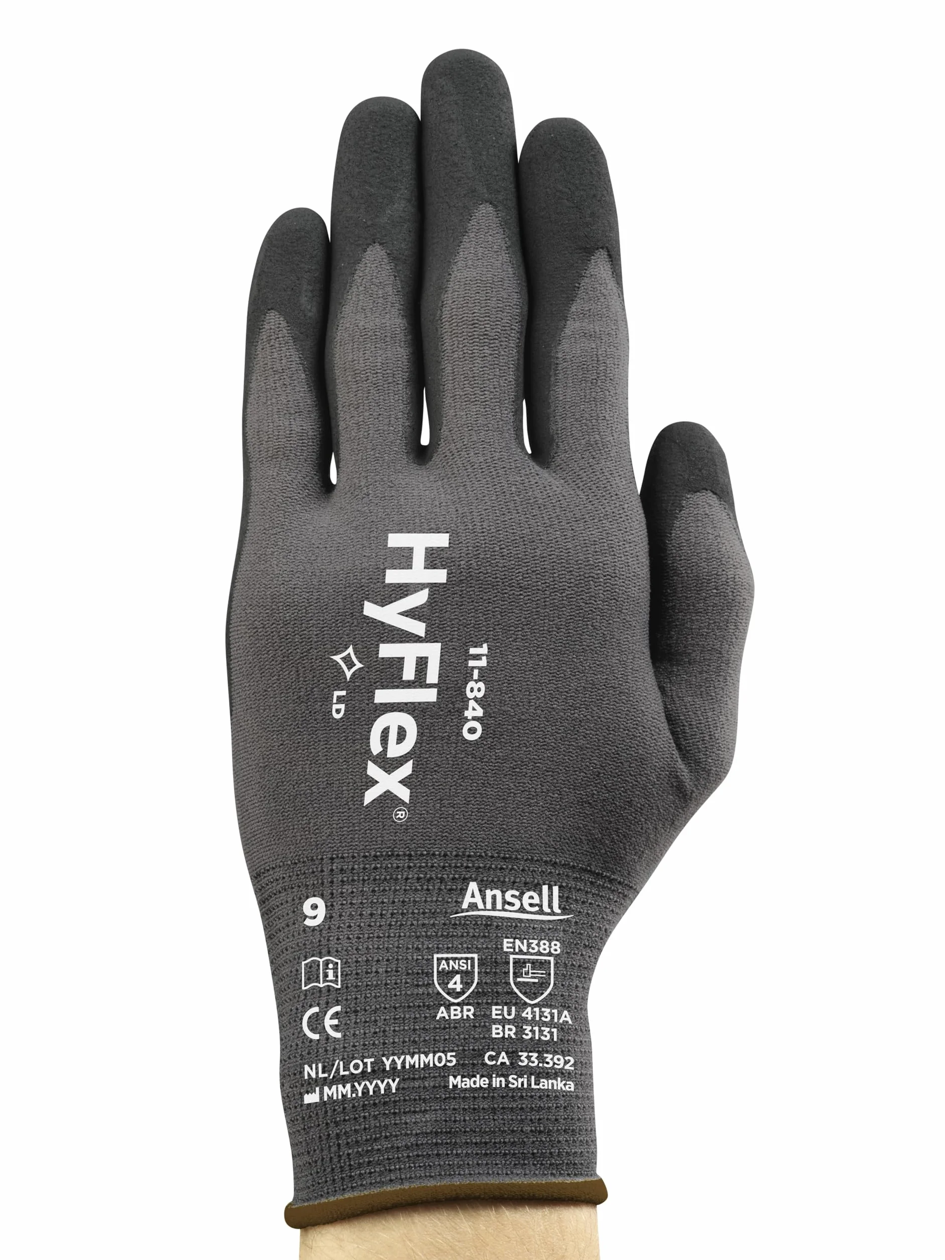 Ansell HyFlex 11-840R, Rękawice robocze, Uniwersalne, Odporne na ścieranie, Rękawice przemysłowe i mechaniczne, rozmiar Szare, Czarne, rozmiar XL (5 pary)