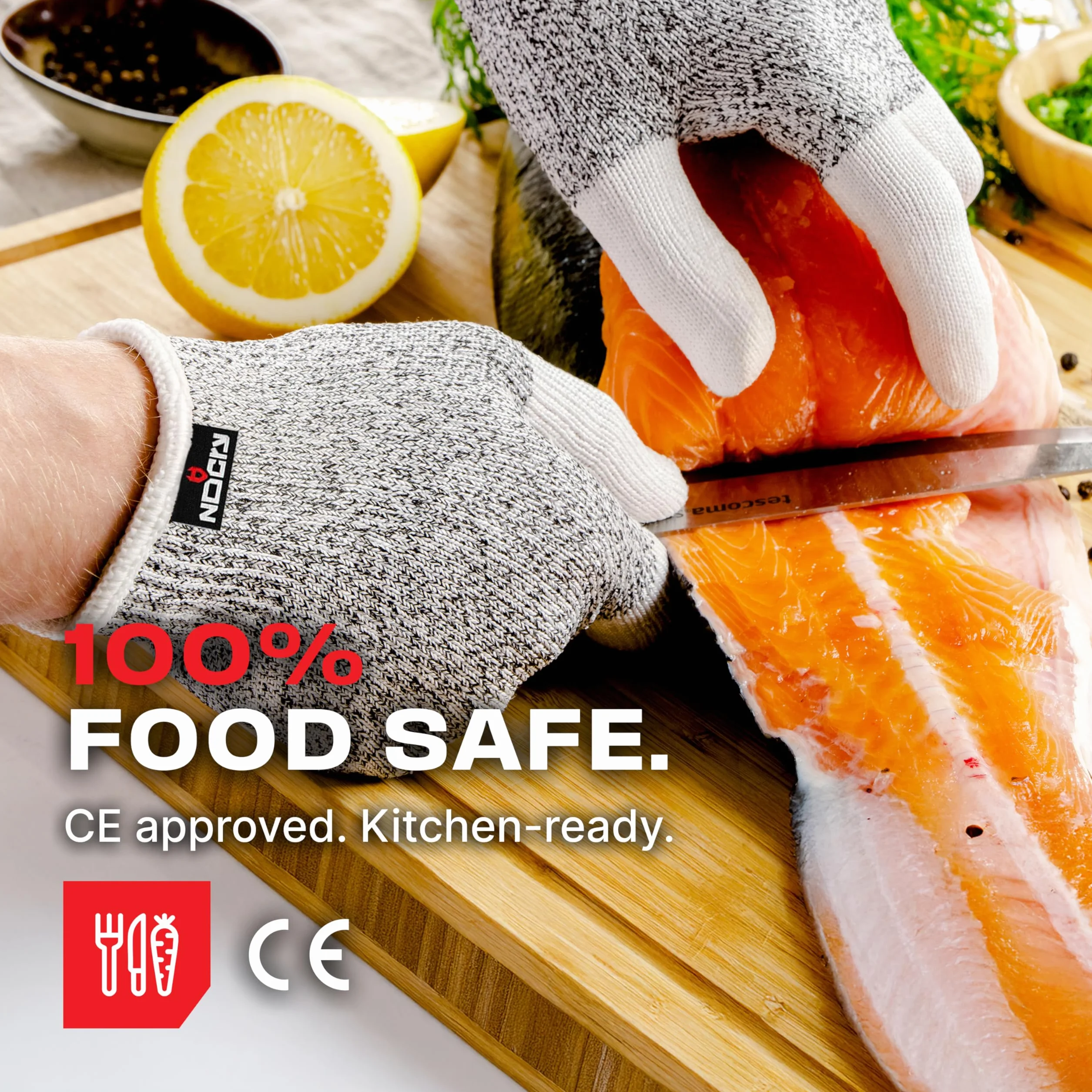 NoCry Cut Resistant Work Gloves for Women and Men, with Reinforced Fingers; Comfortable, 100% Food Grade Kitchen Cooking Hand Protection; Ambidextrous Safety Gear for Cutting; Level 5 Protection