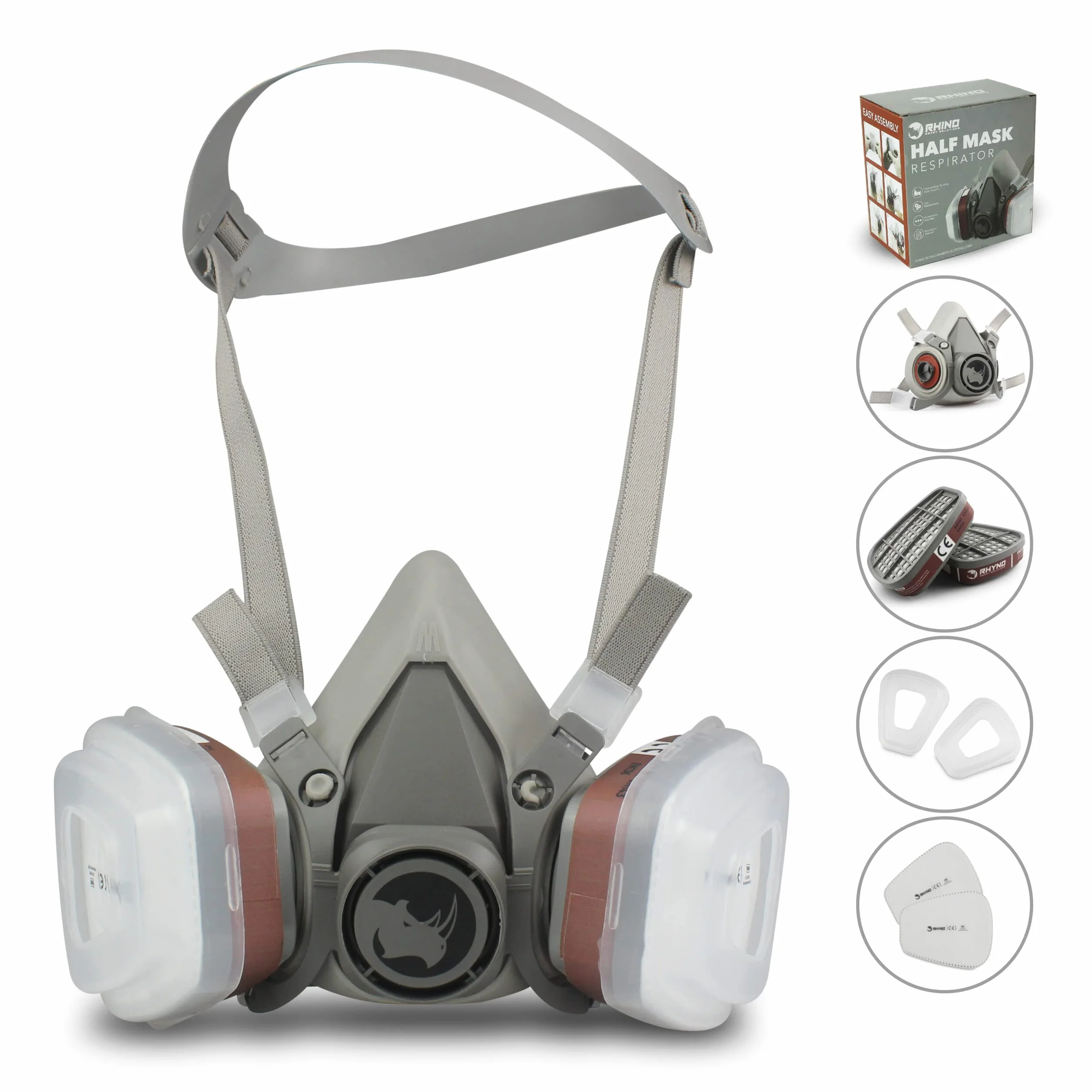Rhino osłona na twarz do malowania, kurzu, cząsteczek, substancji chemicznych, polerowania maszynowego, par, pyłków i substancji chemicznych, zestaw z bawełną filtrującą