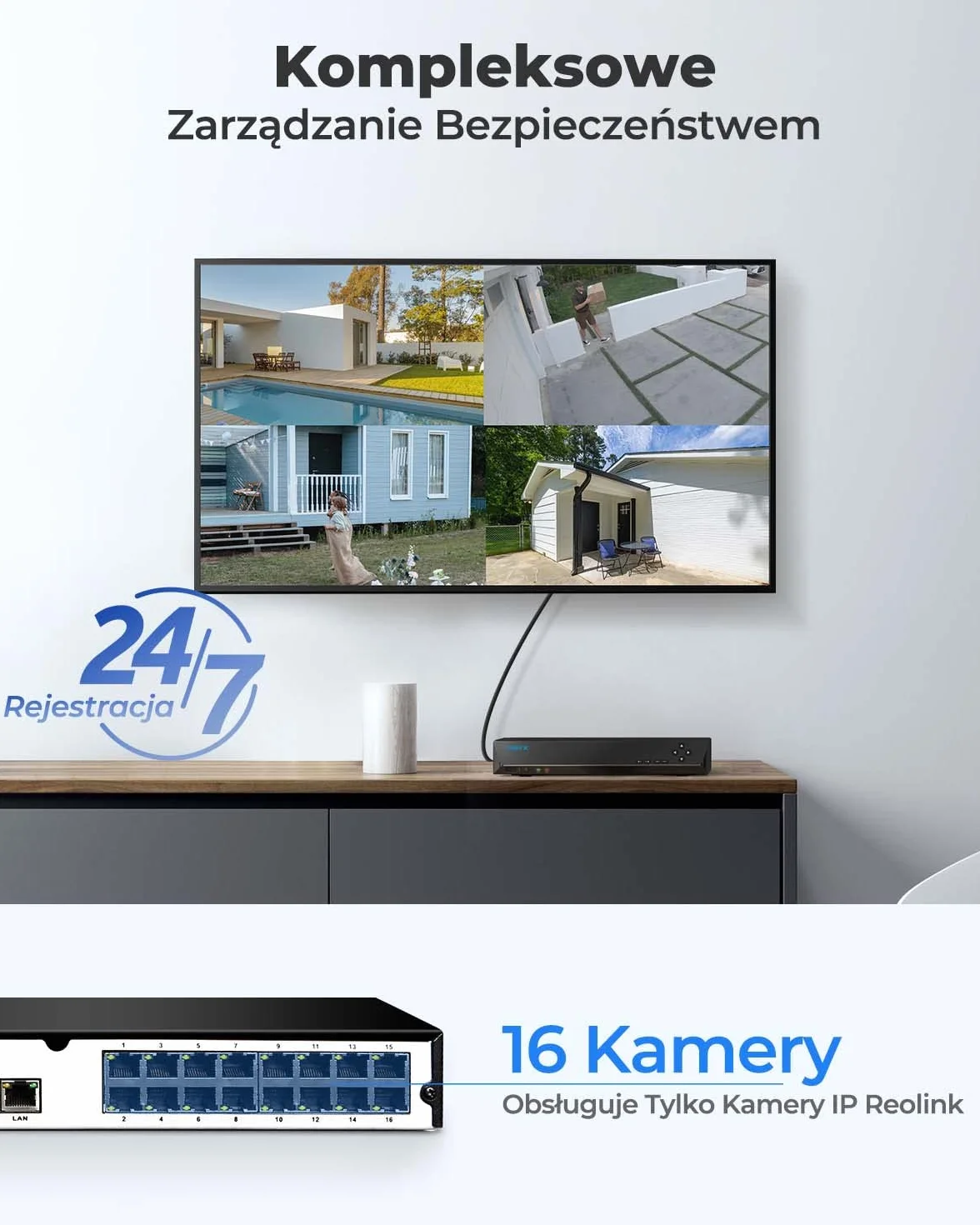 Reolink PoE NVR 16-kanałowy Zestaw kamer do monitoringu CCTV Sieciowy rejestrator wideo z dyskiem twardym 3TB obsługujący kamerę 5MP 4MP 1080P ciągłe nagrywanie 24h/7, RLN16-410