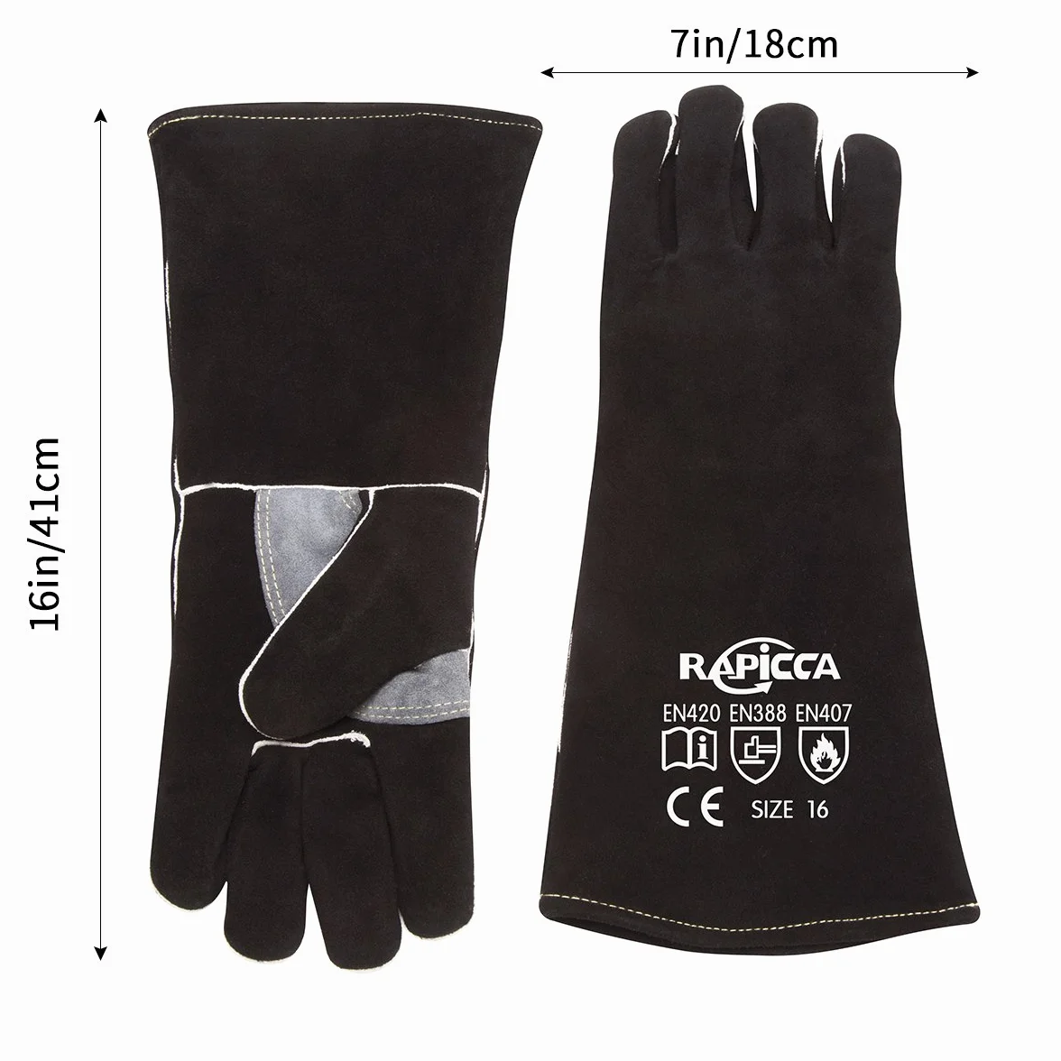 RAPICCA Rękawice spawalnicze, żaroodporne, ognioodporne, skórzane, do grillowania, kominka, pieca na drewno, pieca, piekarnika, garnka, 40,6 cm, czarne