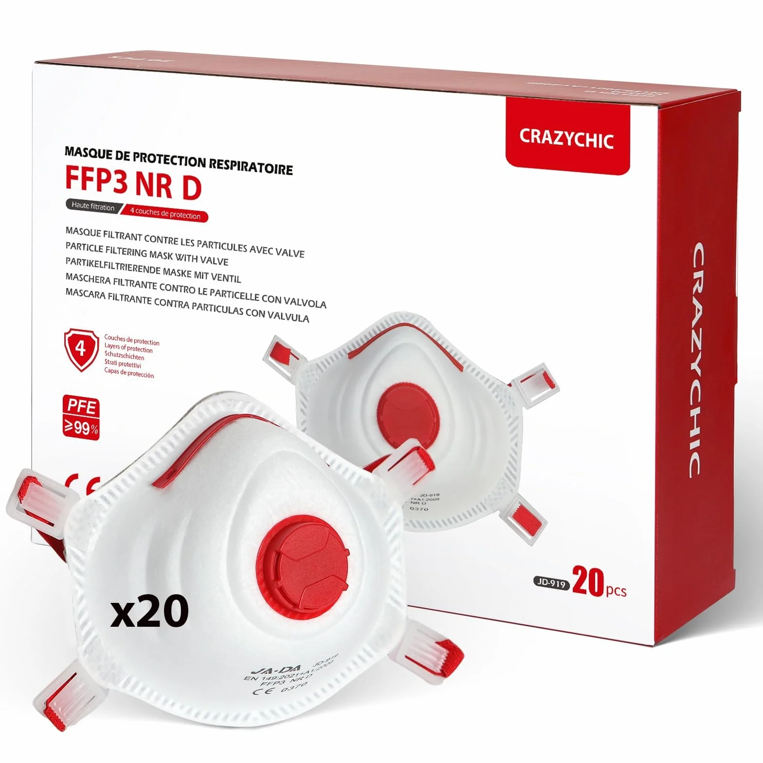CRAZYCHIC - 20 Maska FFP3 NR D - Zawór Przeciwpyłowy Norma CE EN149 - Ochrona Dróg Oddechowych Przed Zanieczyszczeniami I Dymem - Maska Do Prac Malarskich Budowlanych Przemysłowych I Chemicznych