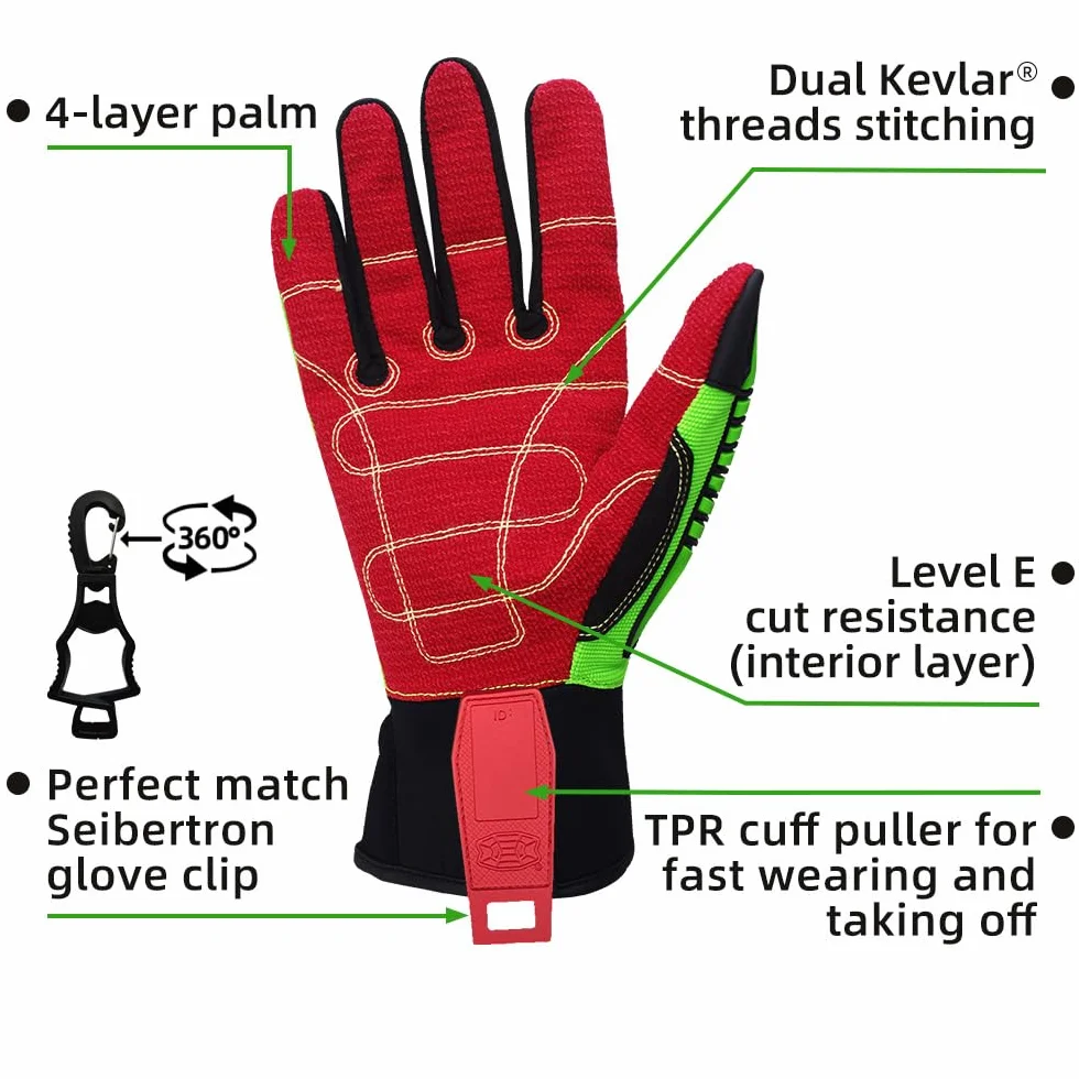 Seibertron HIGH-VIS HDC5 Level 5 Cut Resistant Deckhand Gloves High Performance Protection Impact Resistant Oil and Gas Safety Gloves CE EN388 4543 M With 1 Black Glove Clip