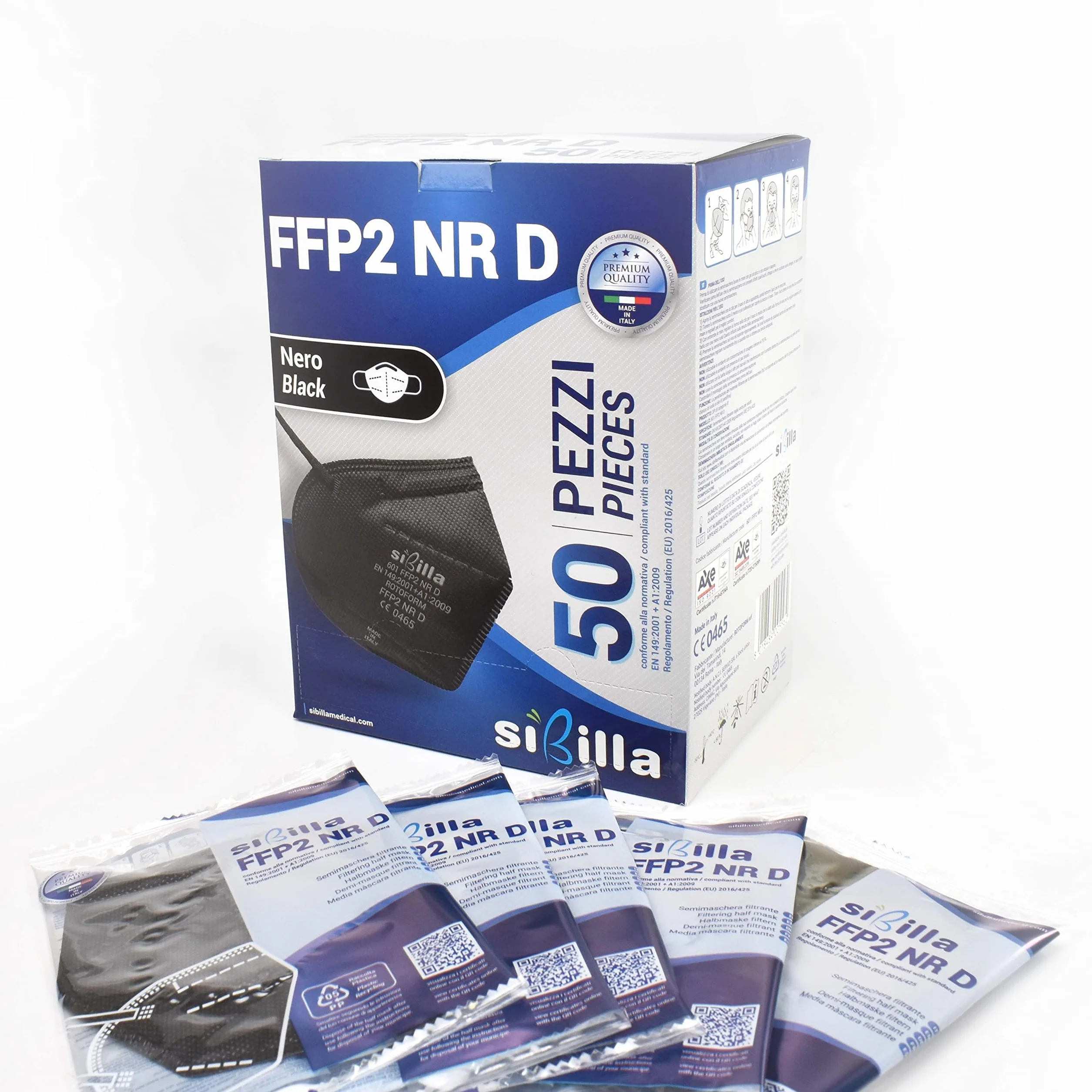 SIBILLA 50 sztuk maske FFP2 czarne NR D Made in Italy i CE 0465 certyfikowane przez władze włoskie, 5-warstwowe FFP2, czarne, w zapieczętowanych opakowaniach pojedynczych