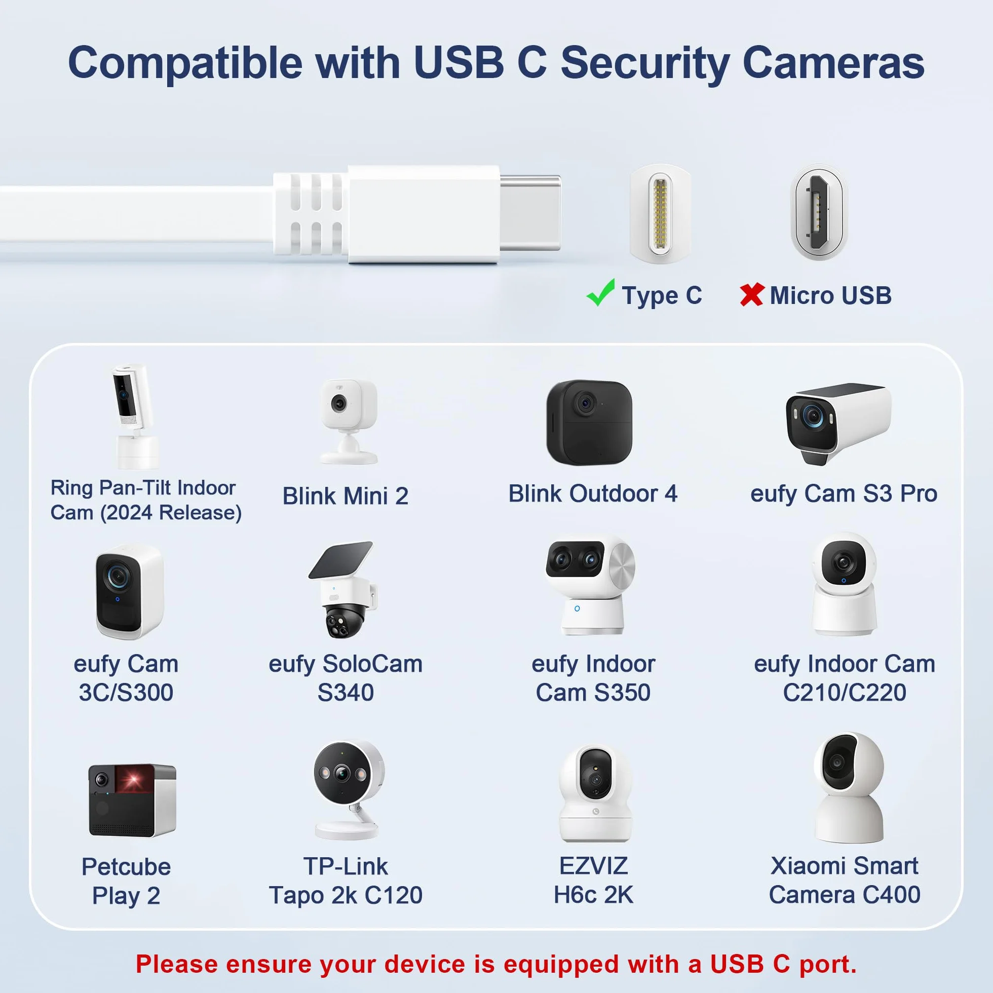 Itramax Bardzo Długi Płaski Przedłużacz USB A na USB C,Zestaw 2 Płaski Kabel Ładujący USBC do Kamery Bezpieczeństwa Blink Outdoor 4/Mini 2K+,eufy 4G LTE Cam S330,EZVIZ H6c 2K/H6/CP1 Pro/CB2,Tapo C120