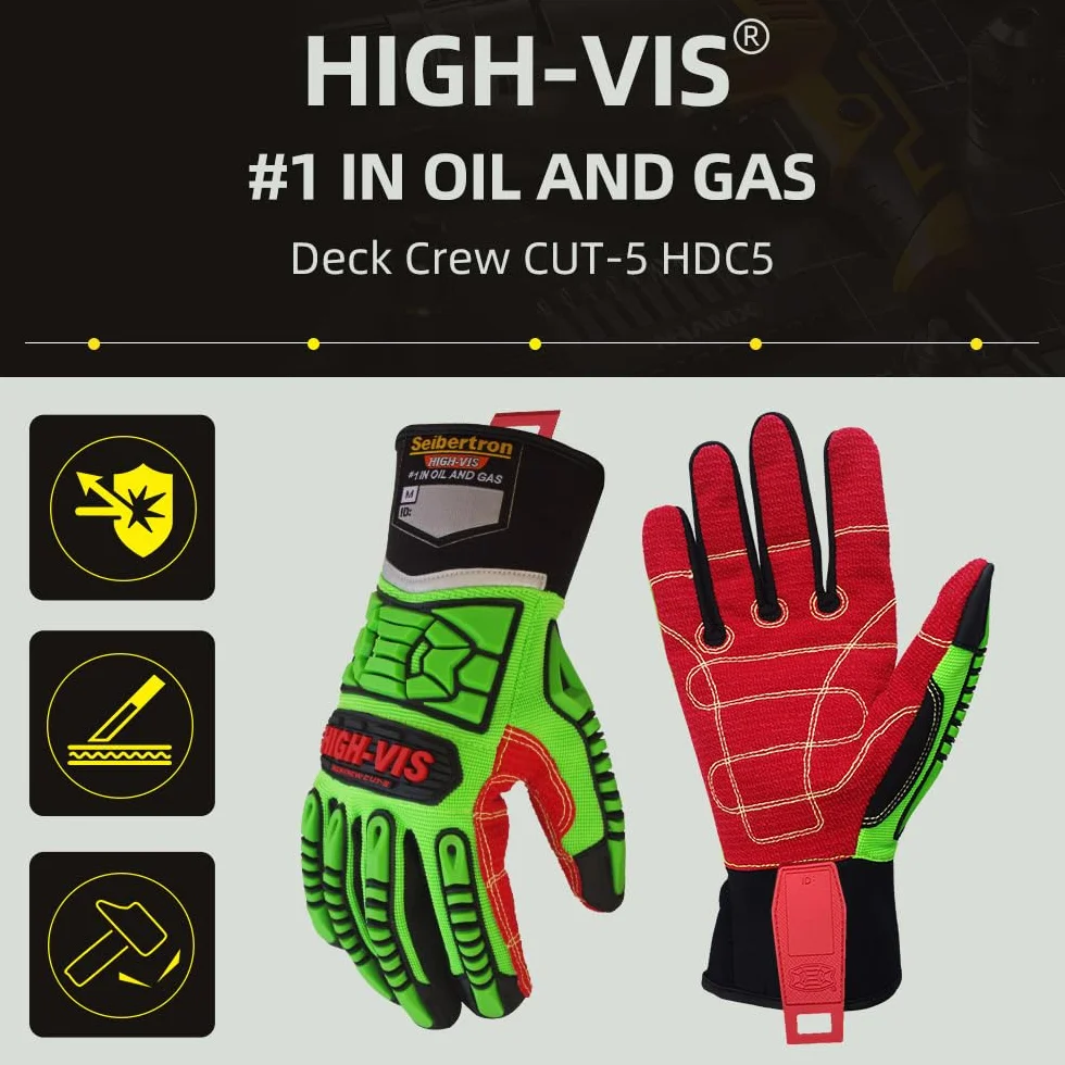 Seibertron HIGH-VIS HDC5 Level 5 Cut Resistant Deckhand Gloves High Performance Protection Impact Resistant Oil and Gas Safety Gloves CE EN388 4543 M With 1 Black Glove Clip