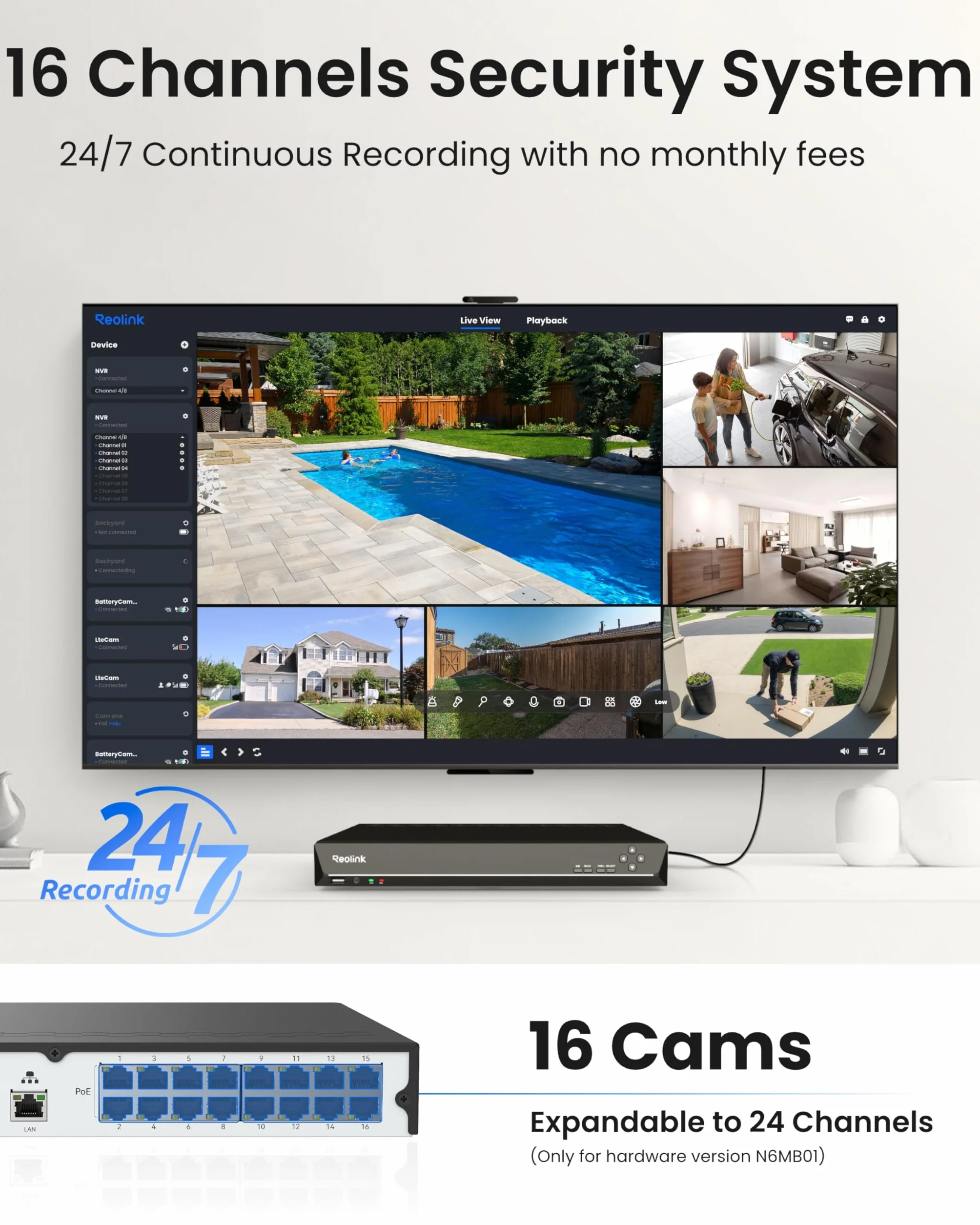 Reolink PoE NVR 16-kanałowy Rejestrator do Monitoringu CCTV Bez Dysku Twardego, Obsługa Kamer IP 5MP/4MP/1080P HD, Ciągłe Nagrywanie 24/7, RLN16-410