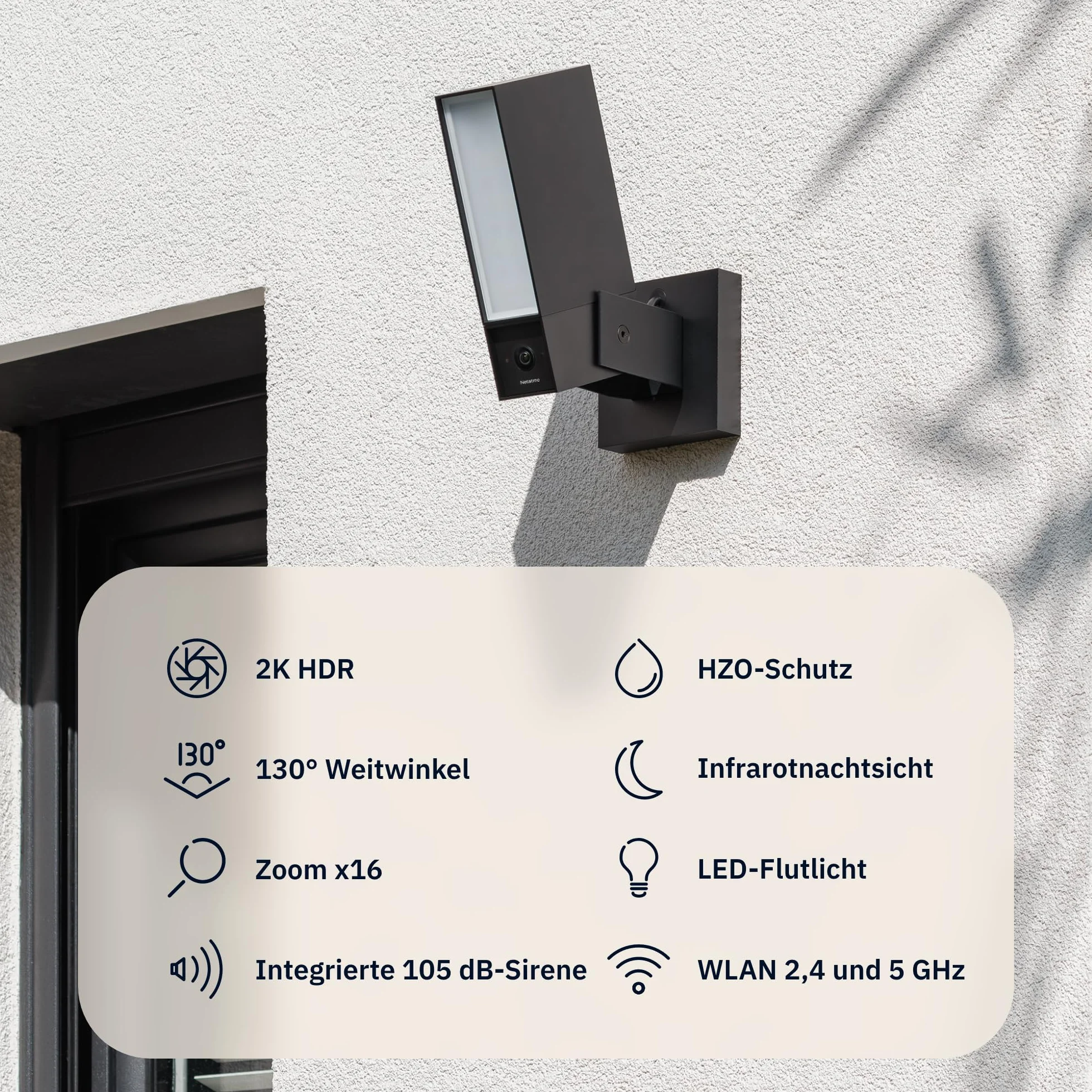 Kamera zewnętrzna NETATMO Wi‑Fi 5 GHz, 2K HDR, AI wykrywa osoby/pojazdy/zwierzęta, reflektor LED 12 W, alarm 105 dB, zapis lokalny, bez abonamentu, biała, NOC‑2‑AMZ