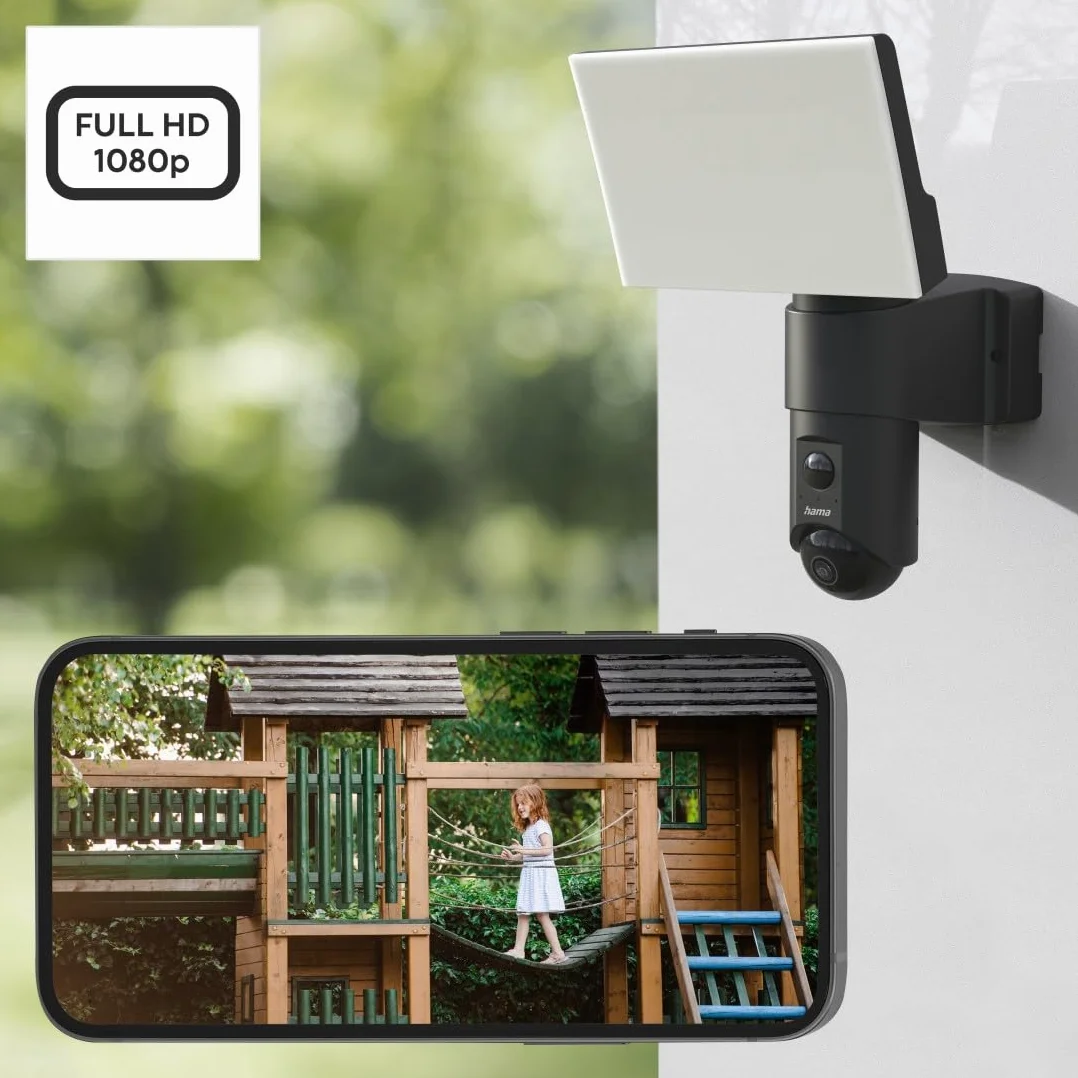 Hama kamera zewnętrzna WiFi (monitoring, reflektor, czujnik ruchu, noktowizor, Full HD 1080p, IP54, na kartę pamięci, WLAN) czarna