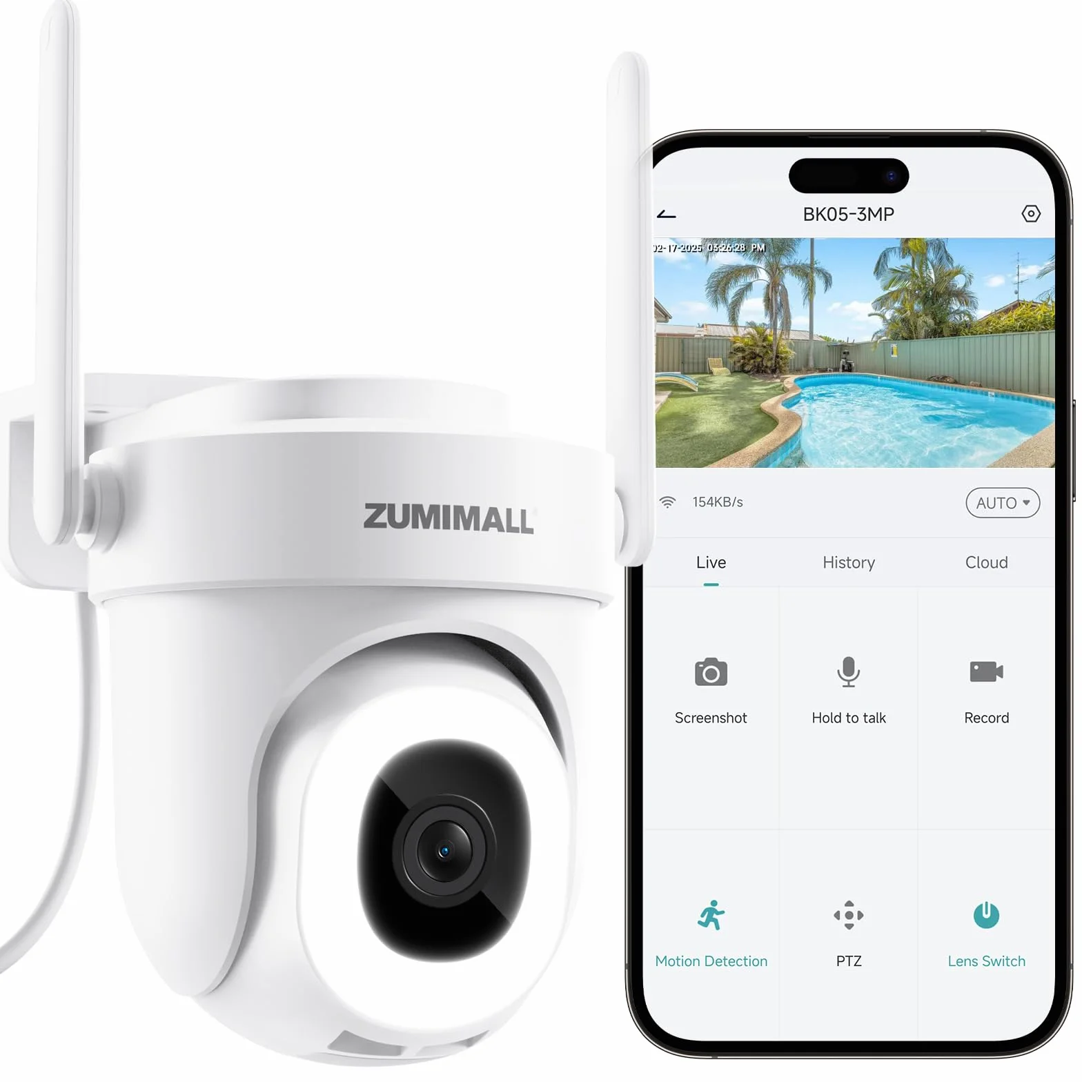 ZUMIMALL kamera do monitoringu zewnętrznego 3MP, 355°/90° obrotowa kamera nadzoru na zewnątrz, 2,4 GHz/5 GHz dual-band, noktowizor, rozpoznawanie AI, czujnik ruchu PIR, rozpoznawanie osób/aut