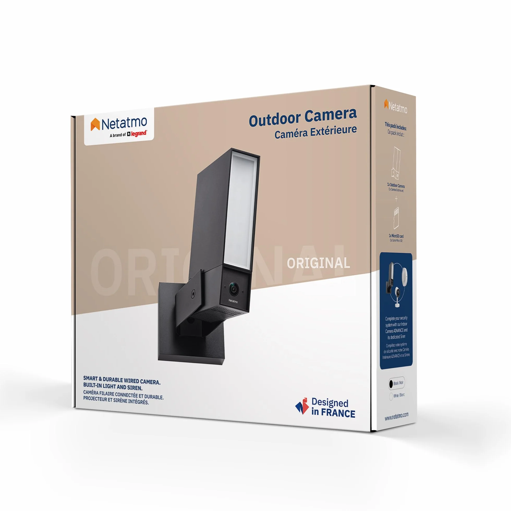 Kamera zewnętrzna NETATMO Wi‑Fi 5 GHz, 2K HDR, AI wykrywa osoby/pojazdy/zwierzęta, reflektor LED 12 W, alarm 105 dB, zapis lokalny, bez abonamentu, biała, NOC‑2‑AMZ