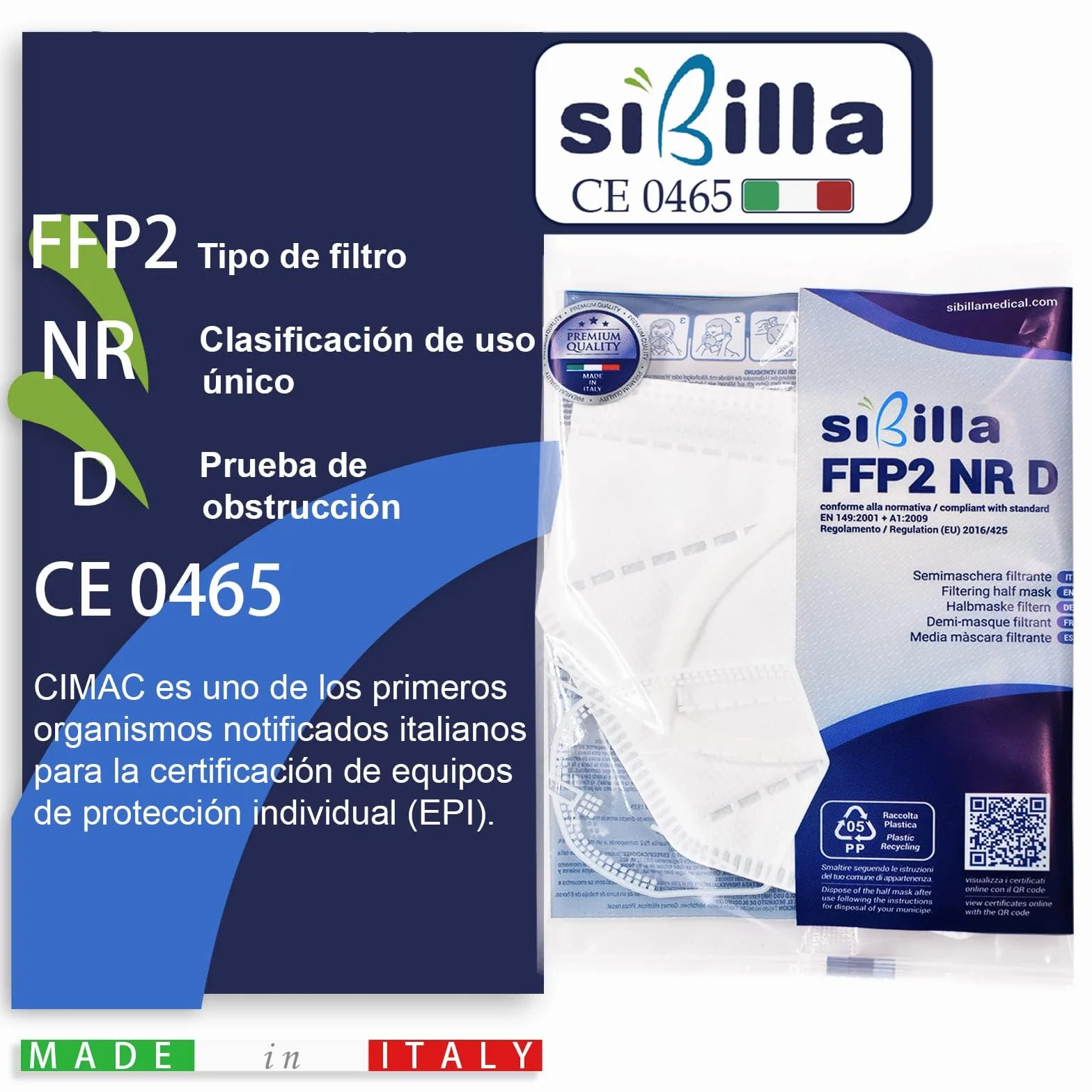 SIBILLA 50 sztuk maske FFP2 czarne NR D Made in Italy i CE 0465 certyfikowane przez władze włoskie, 5-warstwowe FFP2, czarne, w zapieczętowanych opakowaniach pojedynczych