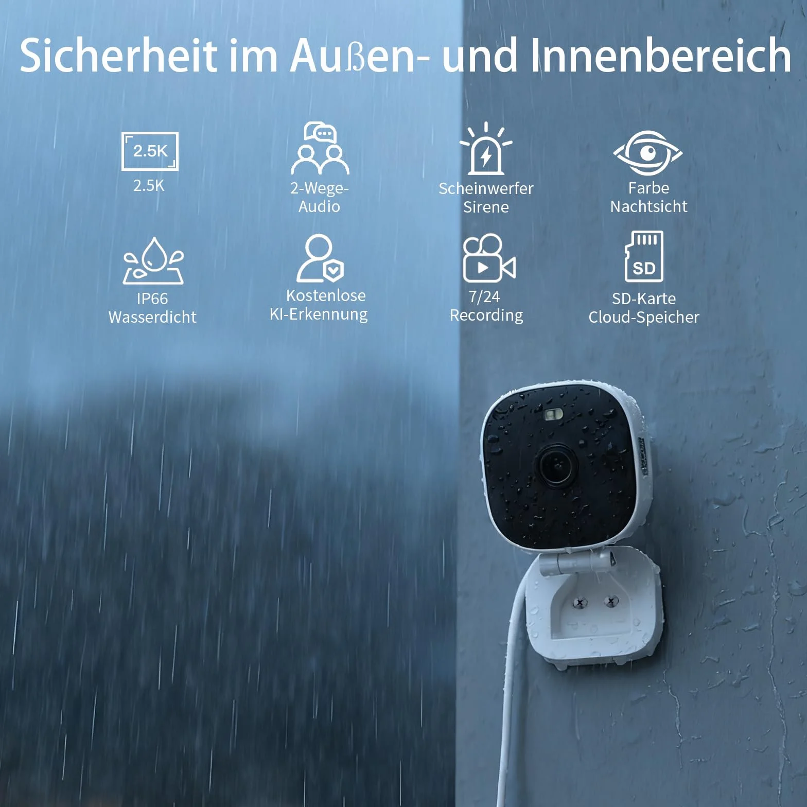 2,5 K(4MP) Zewnętrzna kamera nadzorująca WiFi, noktowizor kolor, wykrywanie ruchu i dźwięku, syrena, dwukierunkowy dźwięk, pamięć micro SD i chmura, wodoodporna IP65, kompatybilna z Alexa