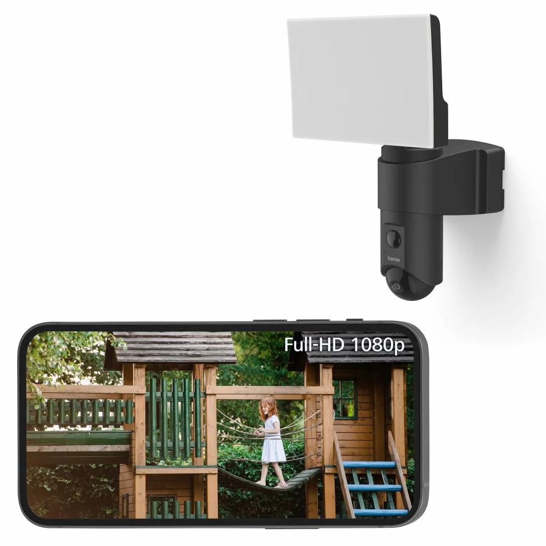 Hama kamera zewnętrzna WiFi (monitoring, reflektor, czujnik ruchu, noktowizor, Full HD 1080p, IP54, na kartę pamięci, WLAN) czarna