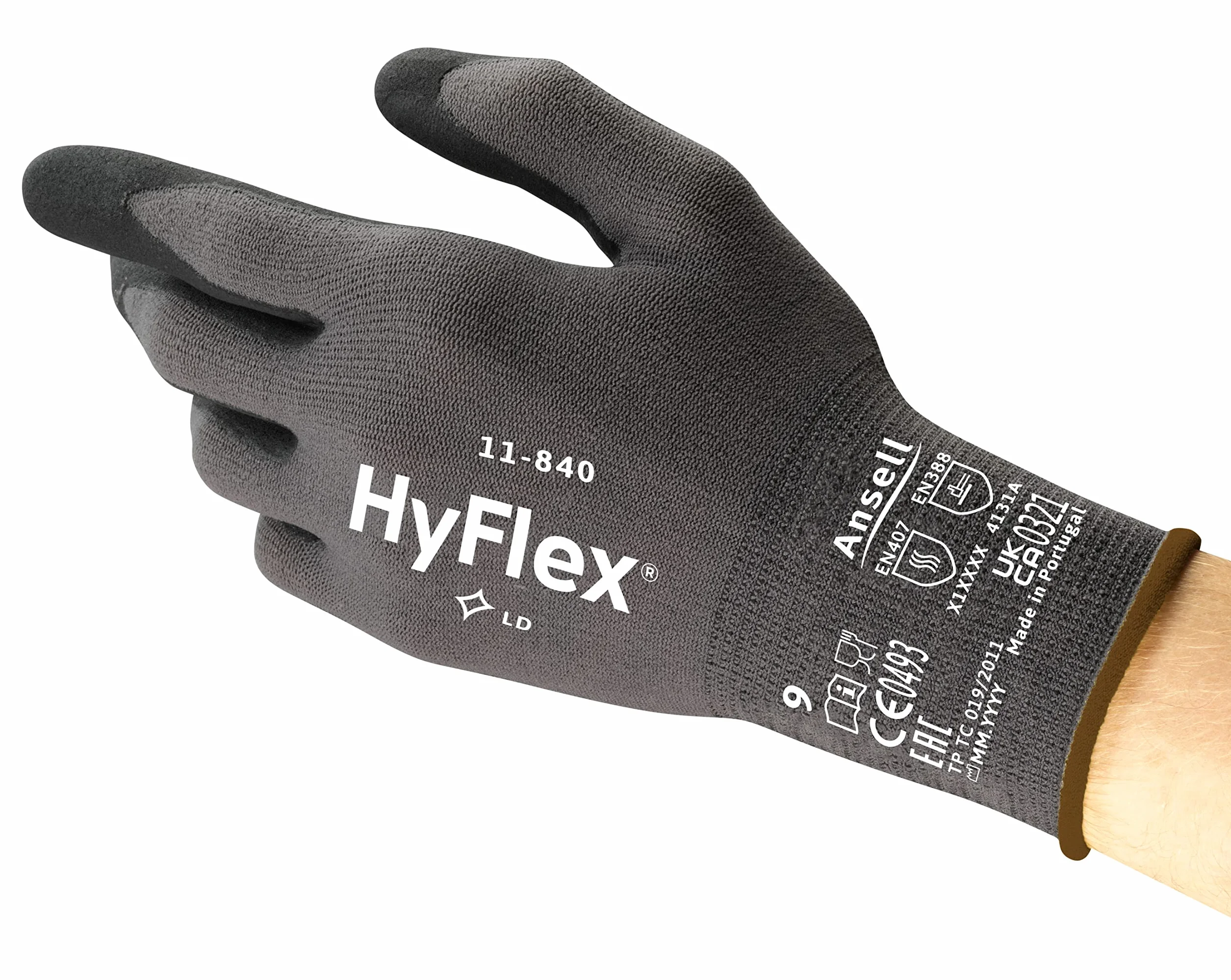 Ansell HyFlex 11-840R, Rękawice robocze, Uniwersalne, Odporne na ścieranie, Rękawice przemysłowe i mechaniczne, rozmiar Szare, Czarne, rozmiar XL (5 pary)