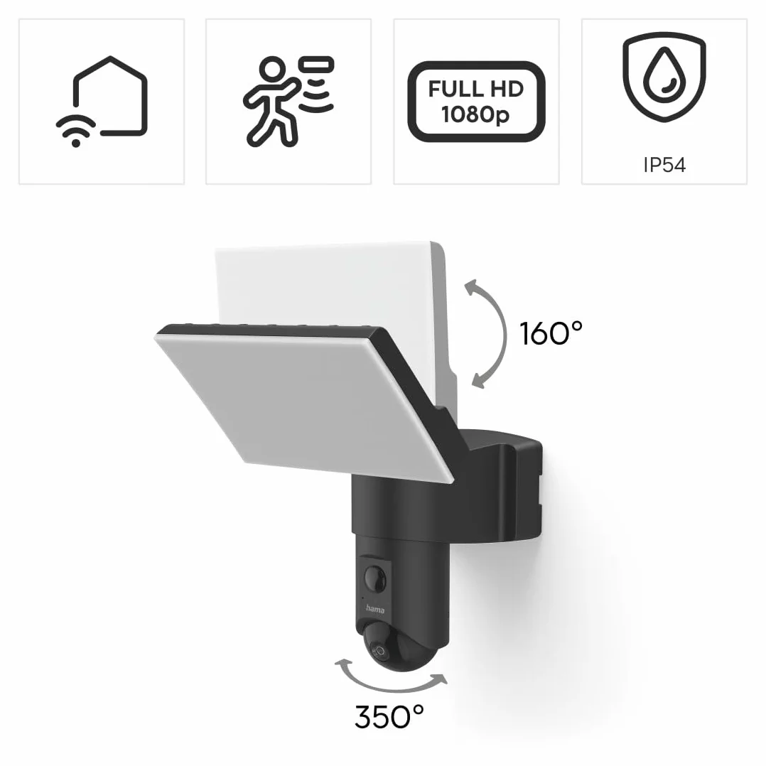 Hama kamera zewnętrzna WiFi (monitoring, reflektor, czujnik ruchu, noktowizor, Full HD 1080p, IP54, na kartę pamięci, WLAN) czarna