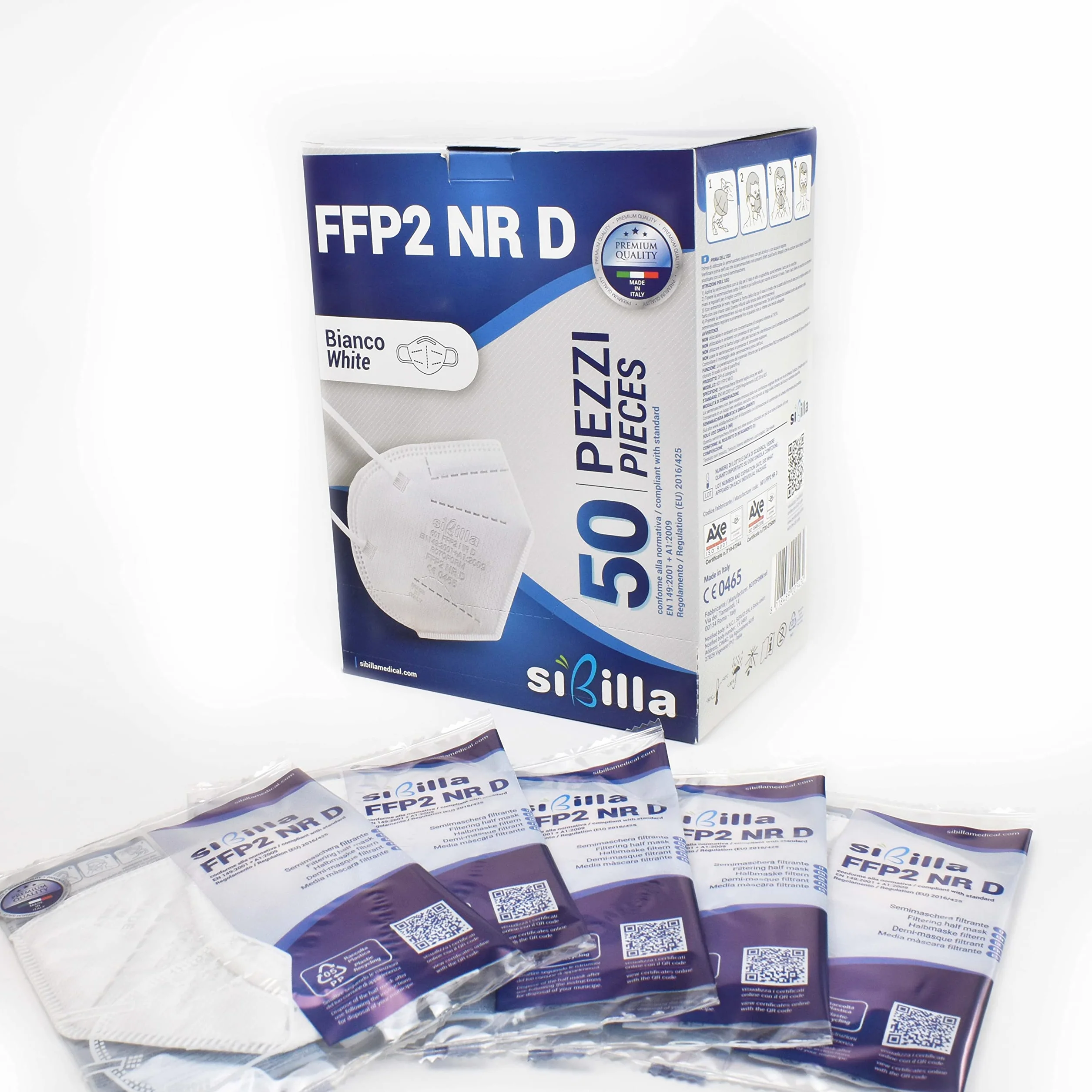 SIBILLA 50 sztuk maske FFP2 NR D, białe, Made in Italy, certyfikat CE 0465, 5-warstwowe maski ochronne FFP2, w zapieczętowanych opakowaniach pojedynczych