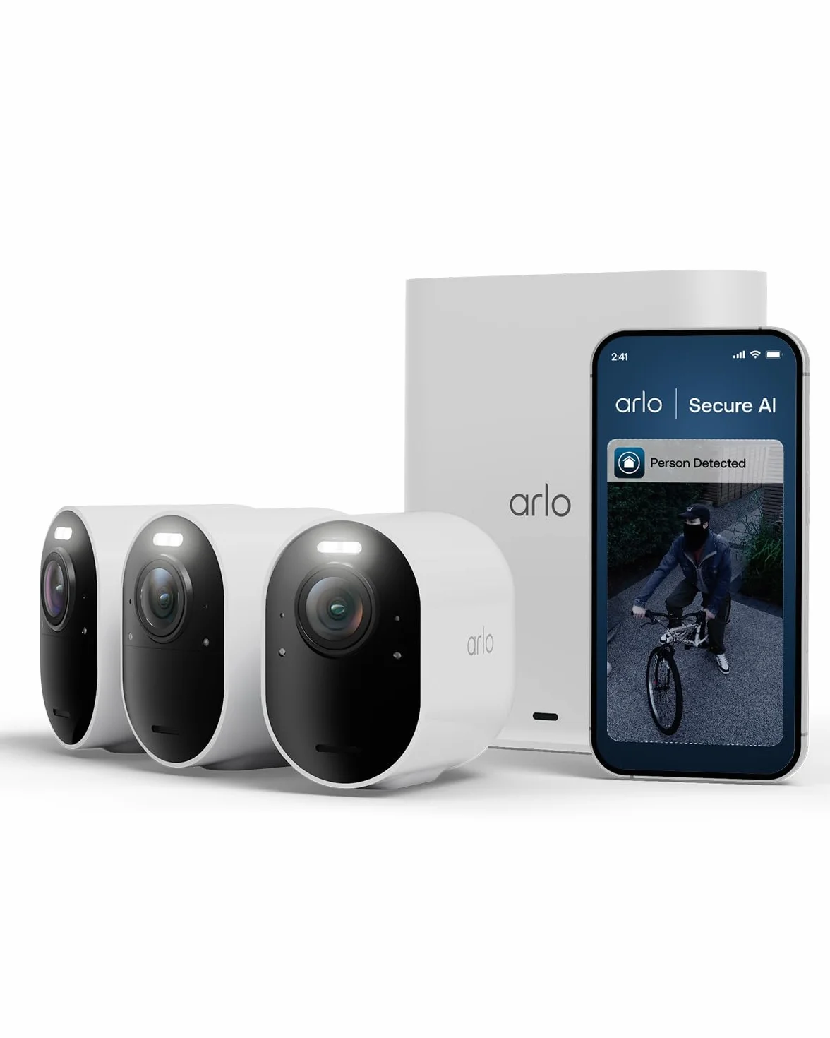Arlo Ultra 3 4K + SmartHub, bezprzewodowa zewnętrzna kamera nadzorująca WiFi, 6-miesięczna żywotność baterii, noktowizor, gniazdo na kartę Micro SD, bezpieczny test Arlo w zestawie, 3 białe kamery