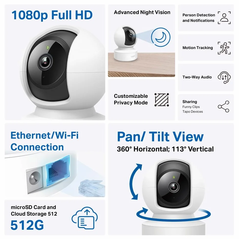 TP-Link Tapo C202 | Kamera Wi-Fi 1080p z obrotową głowicą | Tryb nocny | Detekcja ruchu i dźwięku | Dwukierunkowa komunikacja | Kompatybilna z Alexa i Google Home